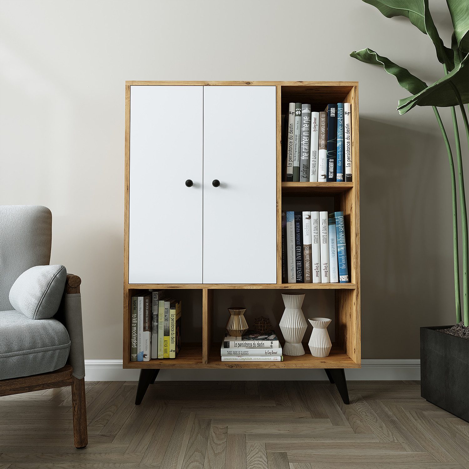 Roomart Highboard SIMON 90 cm, Skandi-Design, Metallfüße, 4 offene Fächer, Weiß-Eiche (Wohnzimmerschrank, Kommode, Aufbewahrungsschrank, Küchenschrank, Mehrzweckschrank mit Türen und Regalen, 1 St., für Flur, Wohnzimmer, Schlafzimmer, Esszimmer), Schwarze Metallfüße, 4 offene Fächer, 2 Türen, 35 cm tief