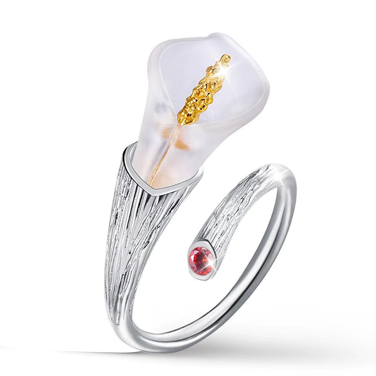 Runde Perlé Silberring Verstellbarer Damenring 925 Silber Lilien Blume, Naturkristall, 18K Gold, roter Zirkonia, handgefertigter Ring