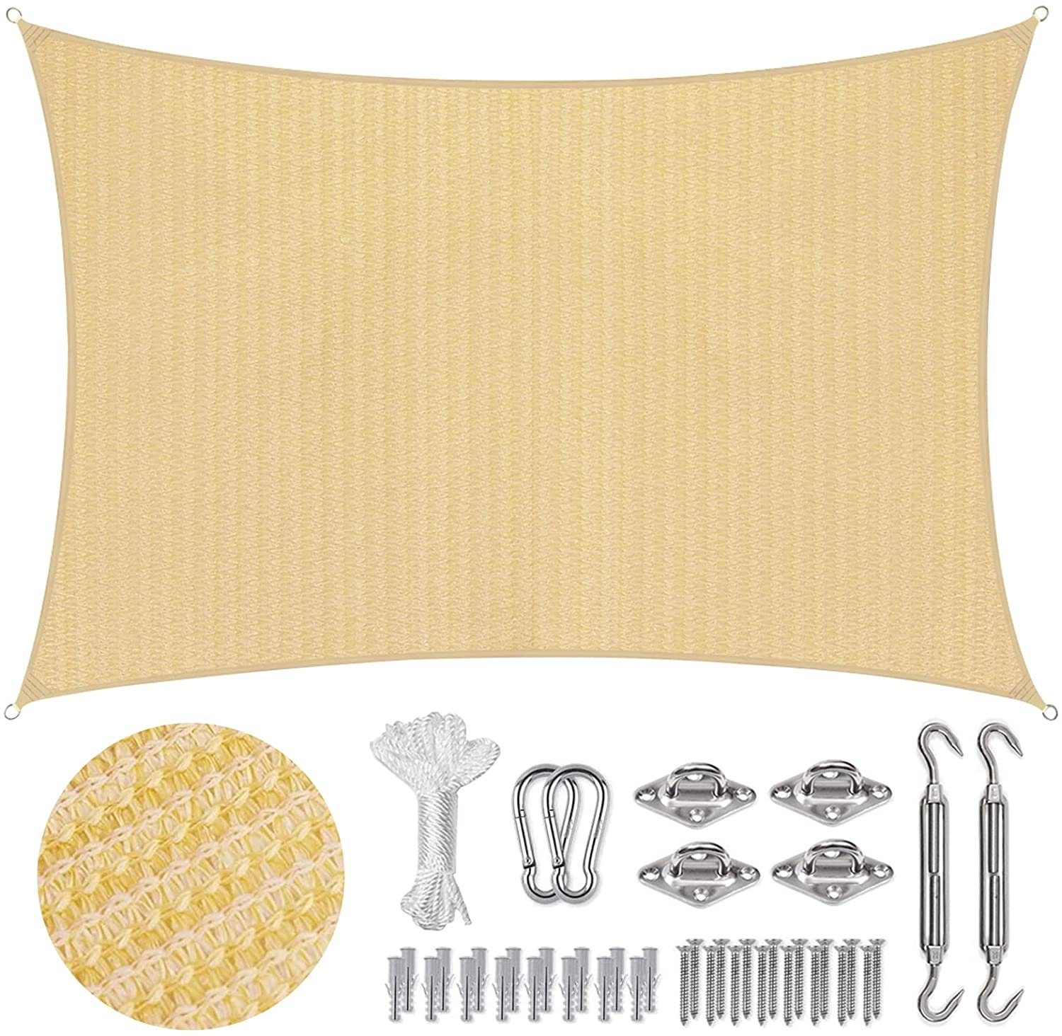 Sekey Sonnensegel Sonnensegel Rechteck mit Kit 185 g/m² HDPE Schattensegel Beige