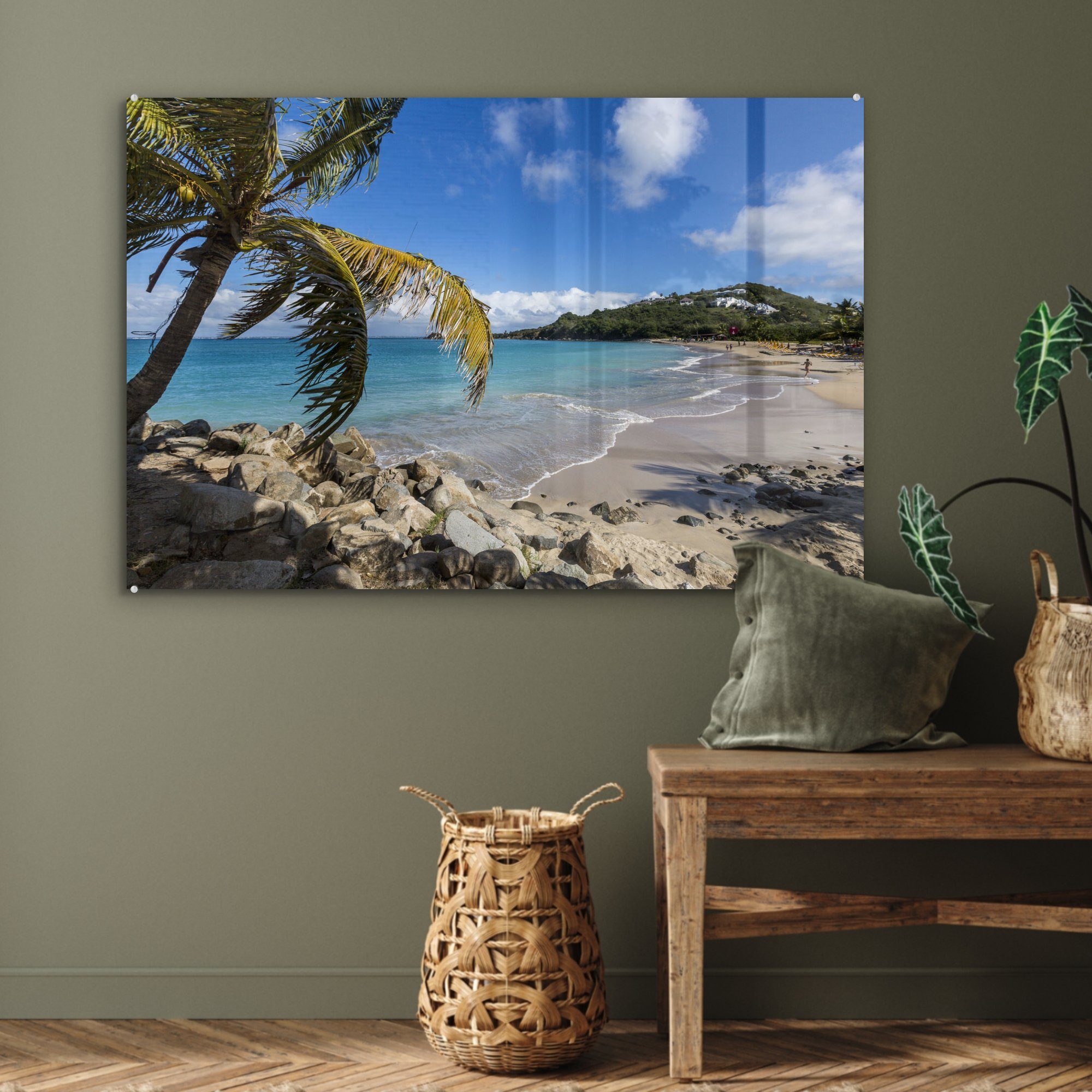 MuchoWow Acrylglasbild Palme einer Strand Sint auf Schlafzimmer Ein Maarten, tropischer mit St), Acrylglasbilder (1 Wohnzimmer &