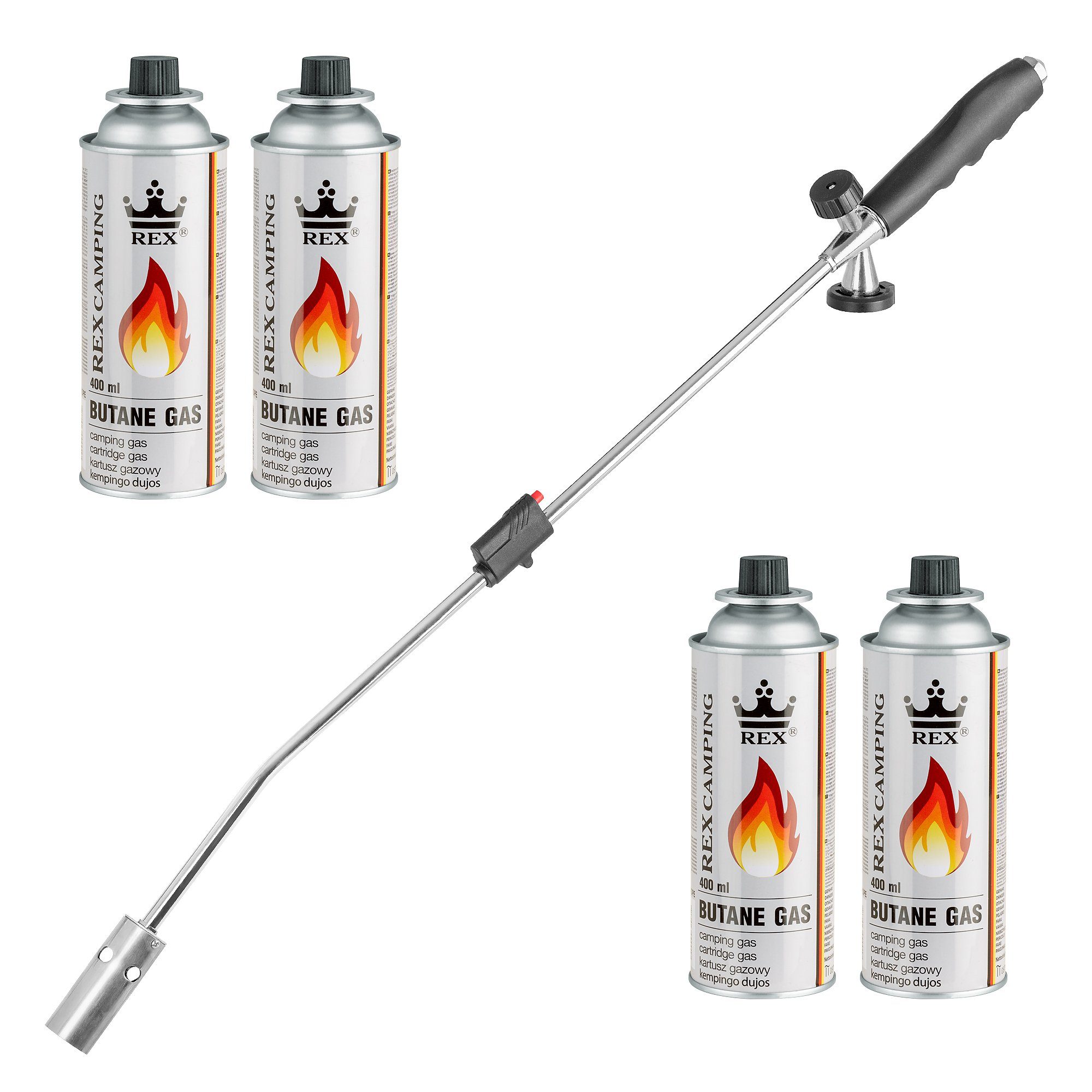 Mianova Unkrautbrenner Unkrautvernichter Gasbrenner Kohle Grillanzünder + 4x Gaskartuschen, 1300 °C maximal, (Unkrautvernichter Unkrautreiniger Abflammgerät Gasbrenner Bunsenbrenner Lötlampe Lötbrenner), Temperatur bis zu 1300 ° C - Leistung: 2,5 kW, Piezo-Zündung