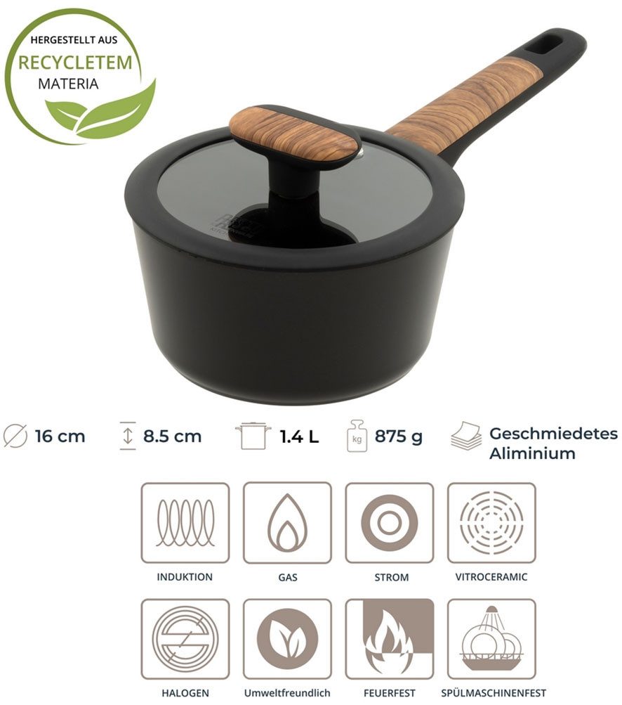 RESTO Kitchenware Kasserolle Mon, Topf 1,4 l, antihaftbeschichtet und spülmaschinenfest, Aluminium (2-tlg), mit Glasdeckel und stoßdämpfendem Silikonrand, im Geschenkkarton