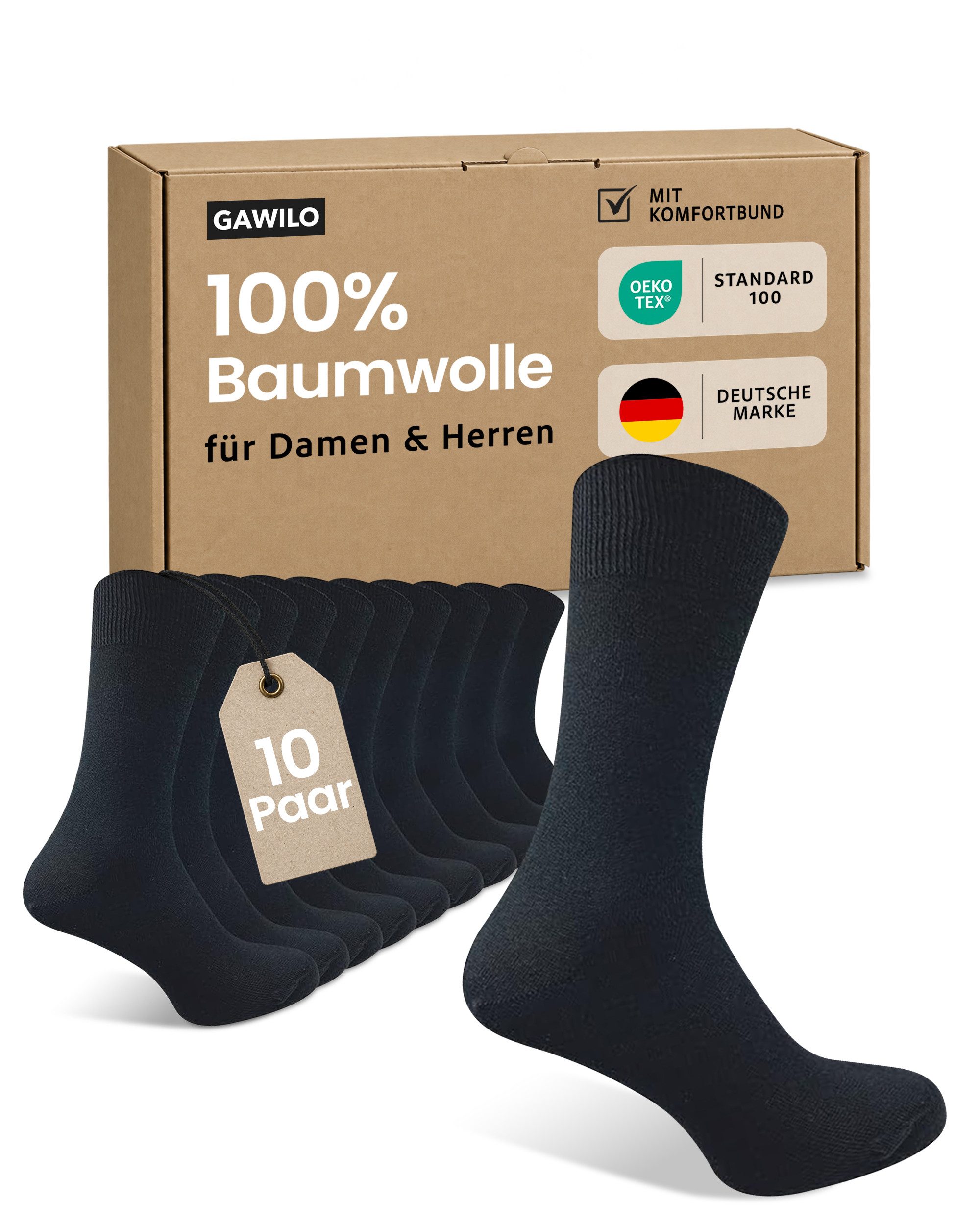 GAWILO Socken für Damen und Herren aus 100% Baumwolle ohne Naht (10 Paar) mit venenfreundlichem Komfortbund