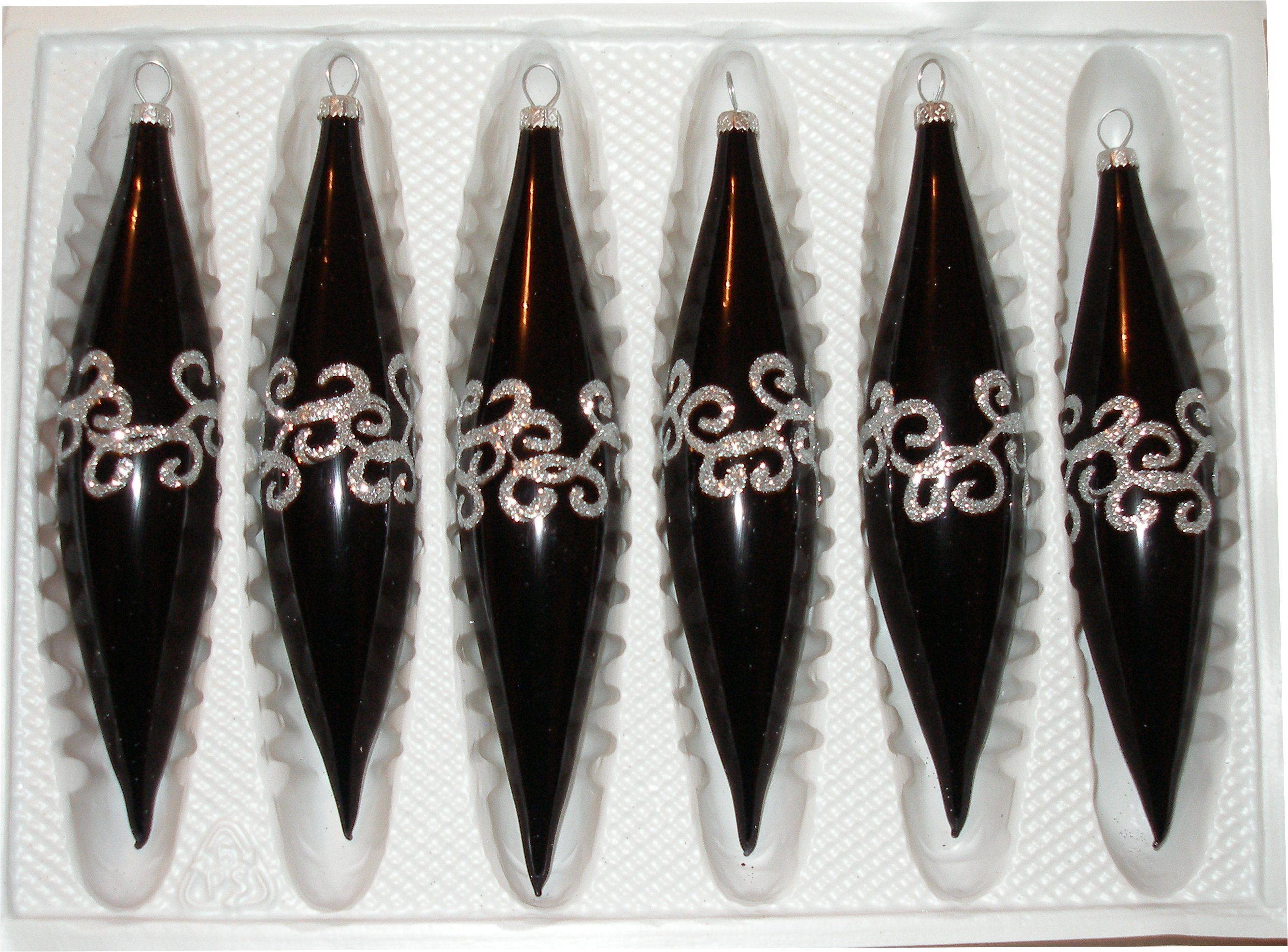 Christbaumschmuck 6 tlg. Glas-Zapfen Set "Hochglanz-Schwarz-Silberne-Ornamente-Gothic"