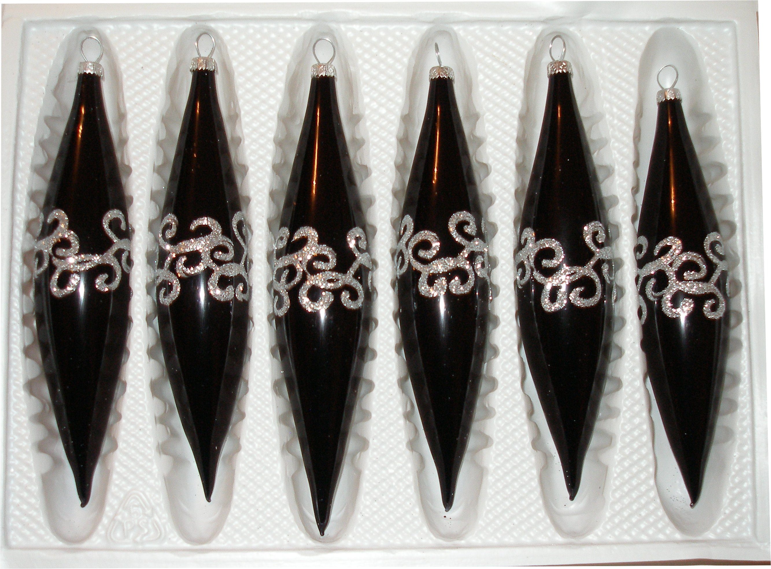 Navidacio Christbaumschmuck 6 tlg. Glas-Zapfen Set "Hochglanz-Schwarz-Silberne-Ornamente-Gothic"