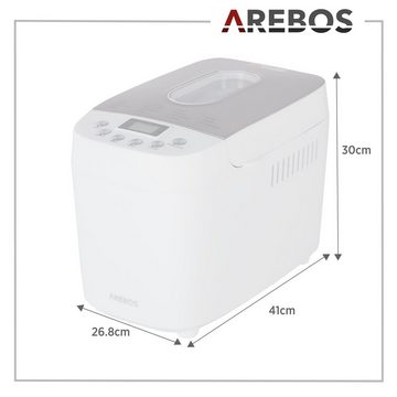 Arebos Brotbackautomat, mit 15 Programmen, 2 Knethaken, Timer, LCD Display, 15 Programme, 850 W, 3 Brotgrößen (1000/1250/1500 g)