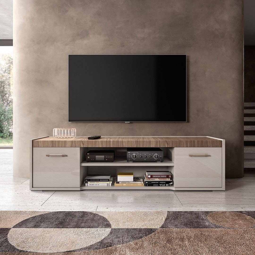 Interdesign24 Lowboard Amalfi (mit offenen und geschlossenen Fächern, in Beige/Walnussholzoptik Hochglanz), Made in Italy