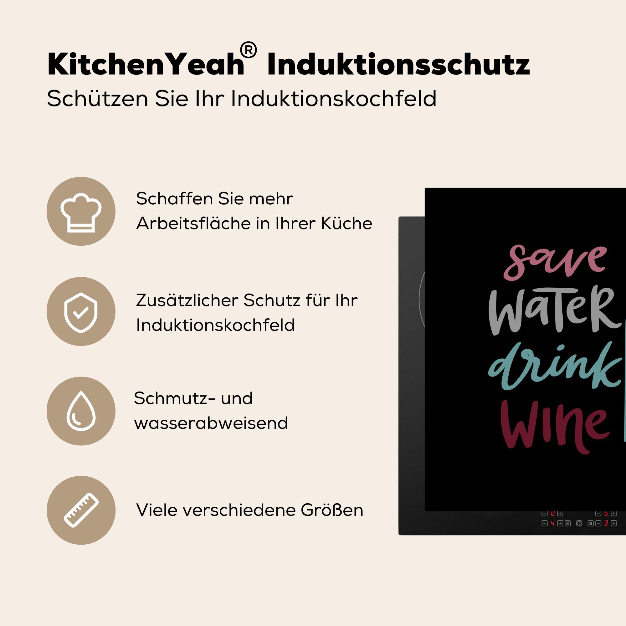 trinken" Herdblende-/Abdeckplatte sparen, (1 Ceranfeldabdeckung, MuchoWow Hintergrund, Vinyl, tlg), küche auf "Wasser Zitat schwarzem für 78x78 cm, Wein Arbeitsplatte