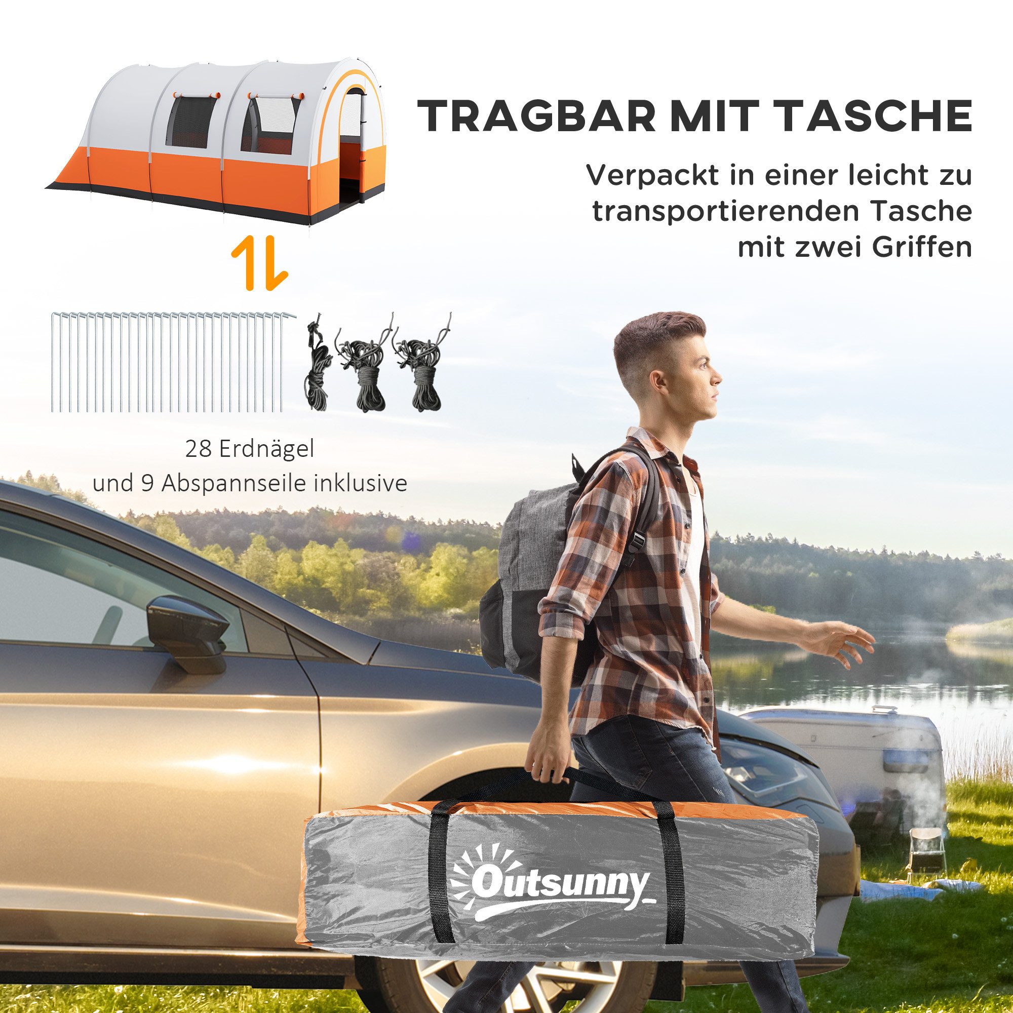 Outsunny Tunnelzelt mit 2 Räumen, Lichthaken, Tragetasche, Personen: 6 (3000mm wasserabweisend Campingzelt, 1 tlg., Gruppenzelt für 6 Personen), für Garten, Campingplatz, Cremeweiß