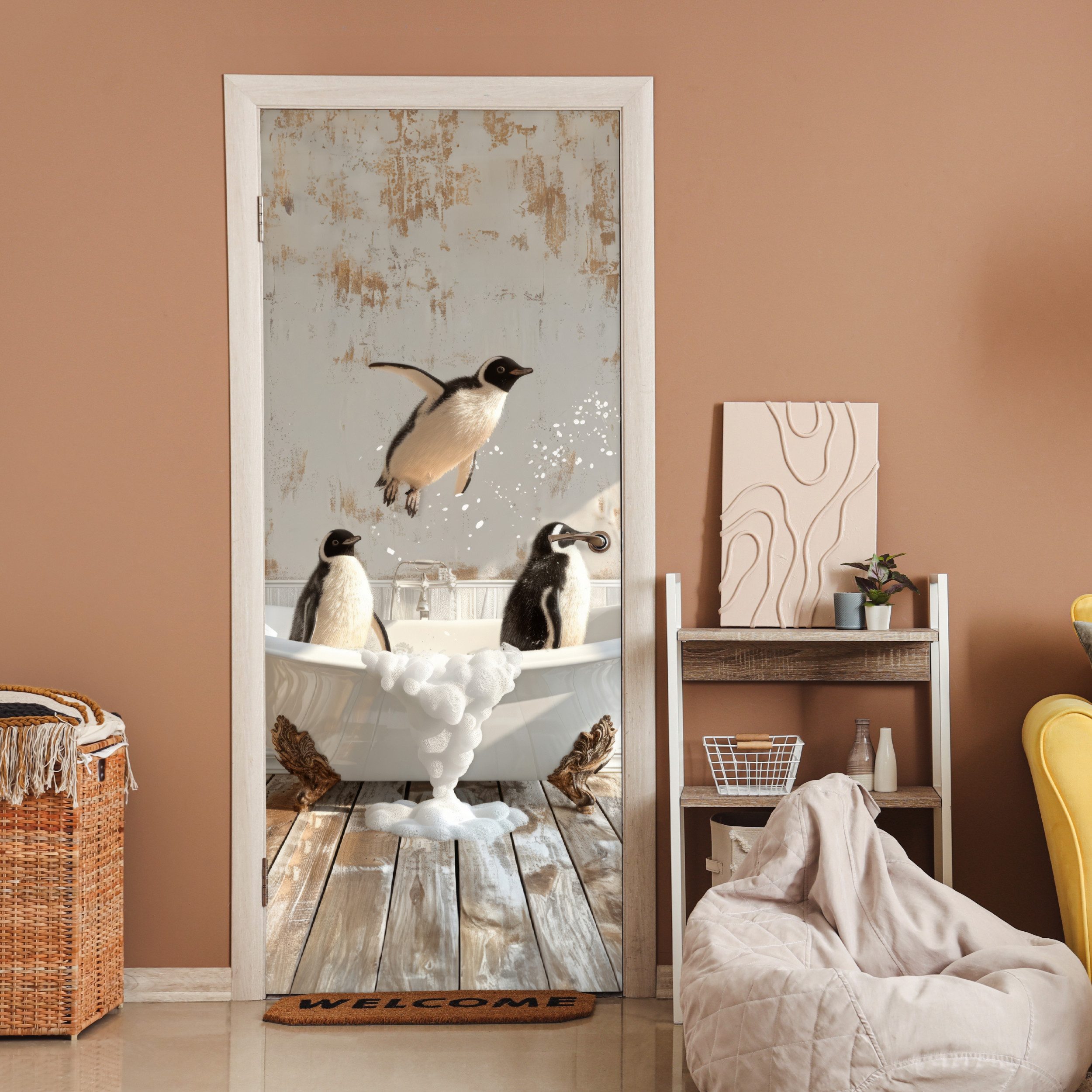 MuchoWow Türtapete Vintage - Pinguin - Badewanne - Schaumstoff, Matt, bedru günstig online kaufen