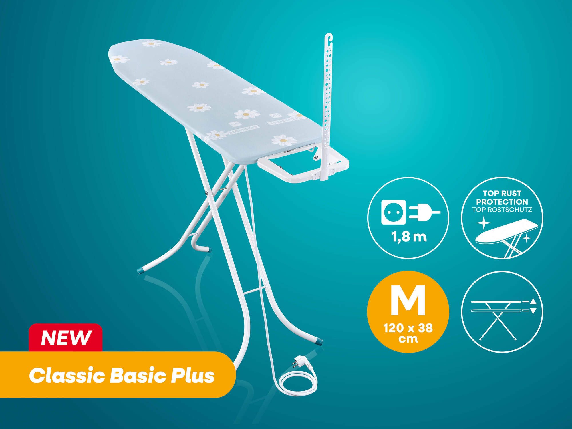 Leifheit Bügelbrett Bügeltisch Classic M Basic Plus, Bügelfläche 38.0x120.0 cm, Höhenverstellbar, 120 x 38 cm Bügelfläche, feste Bügeleisenablage