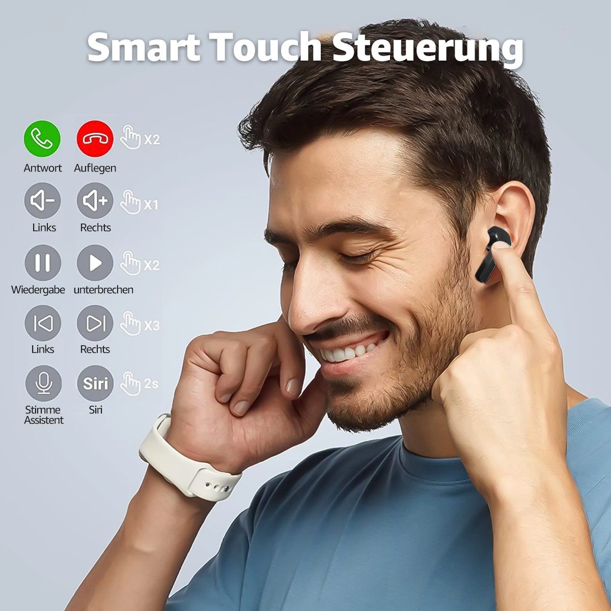 7Magic 2023 NEU Bluetooth Bluetooth-Kopfhörer Kabellos Noise ENC 5.3 TWS EDR, Gaming Cancelling Kopfhörer Kopfhörer) Touch Kopfhoerer Schwarz Transparent Control, + Crystal Smart (Bluetooth