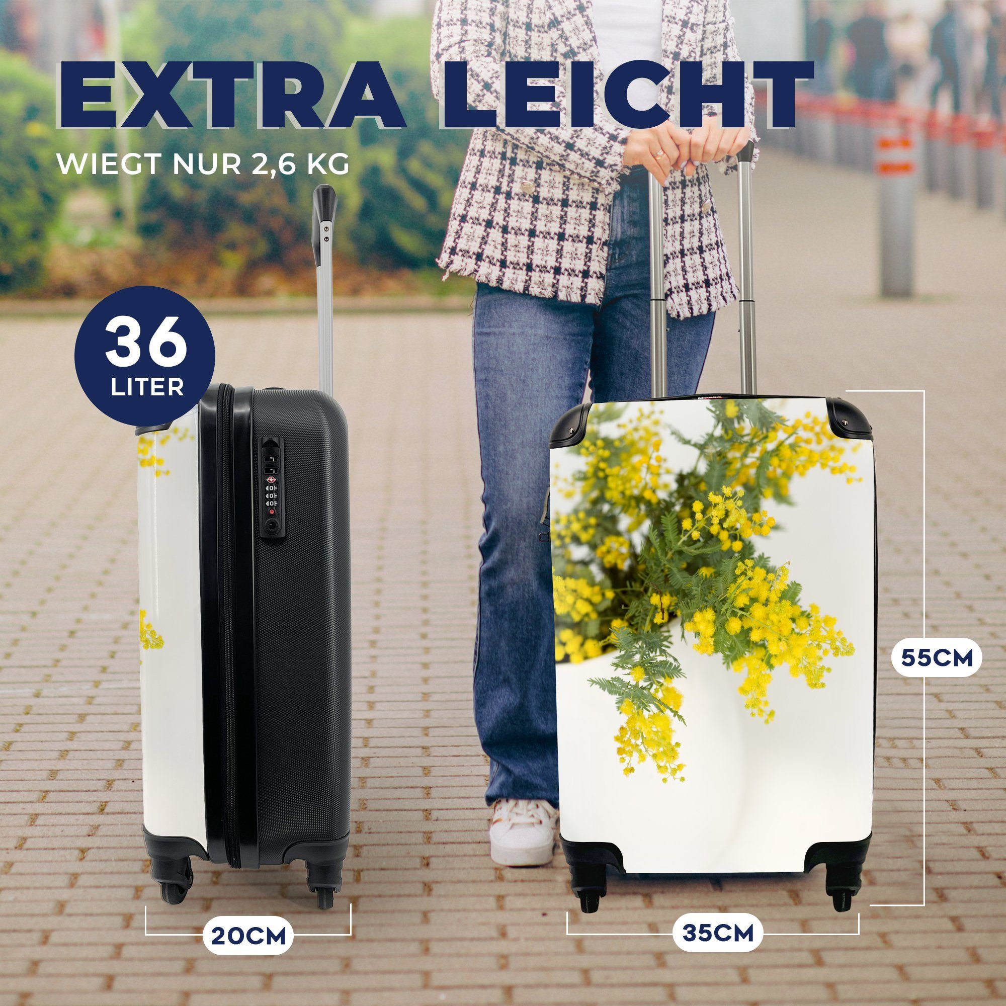 Reisetasche Blättern MuchoWow Handgepäckkoffer 4 für rollen, einem grünen mit Handgepäck mit Mimosenpflanzen Ferien, Reisekoffer großen in Gelbe Rollen, Topf, Trolley,