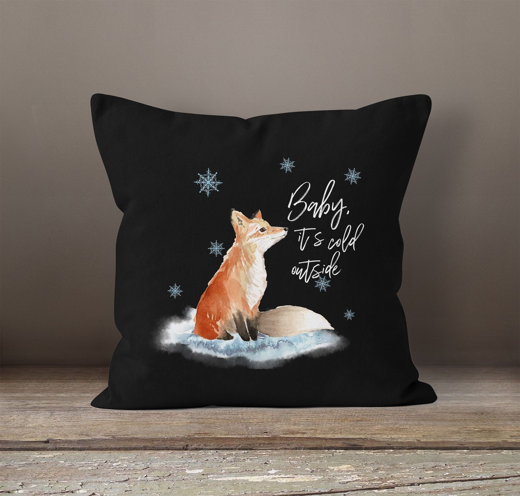 Winter Schnee Dekokissen schwarz outside Baby Weihnachten cold it`s Autiga Kissenbezug Kissen-Hülle Autiga® Fox Fuchs