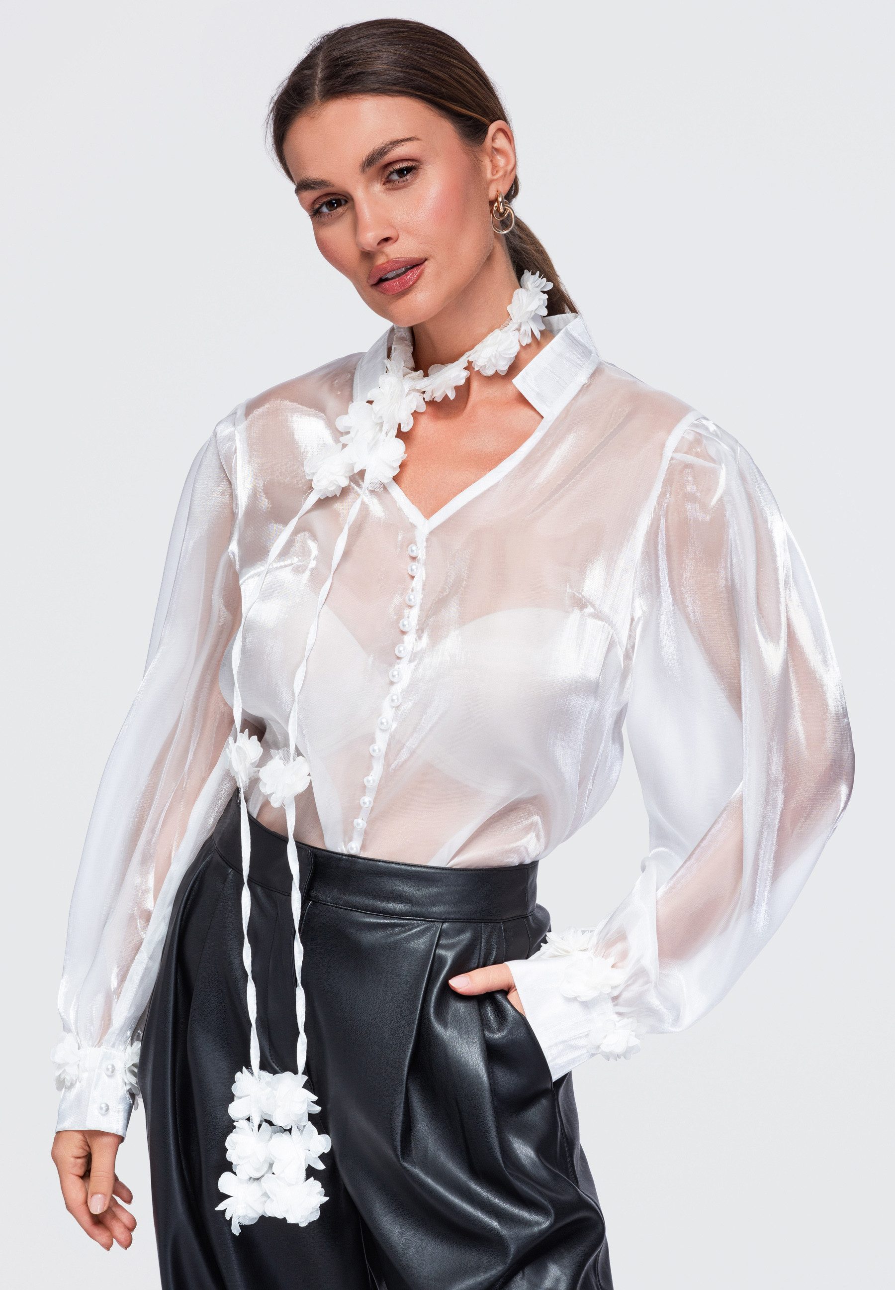 OMBRE Hemdbluse Damen Bluse mit V-Ausschnitt elegant Weiß L (kein Set, 1-tlg) in Unifarbe
