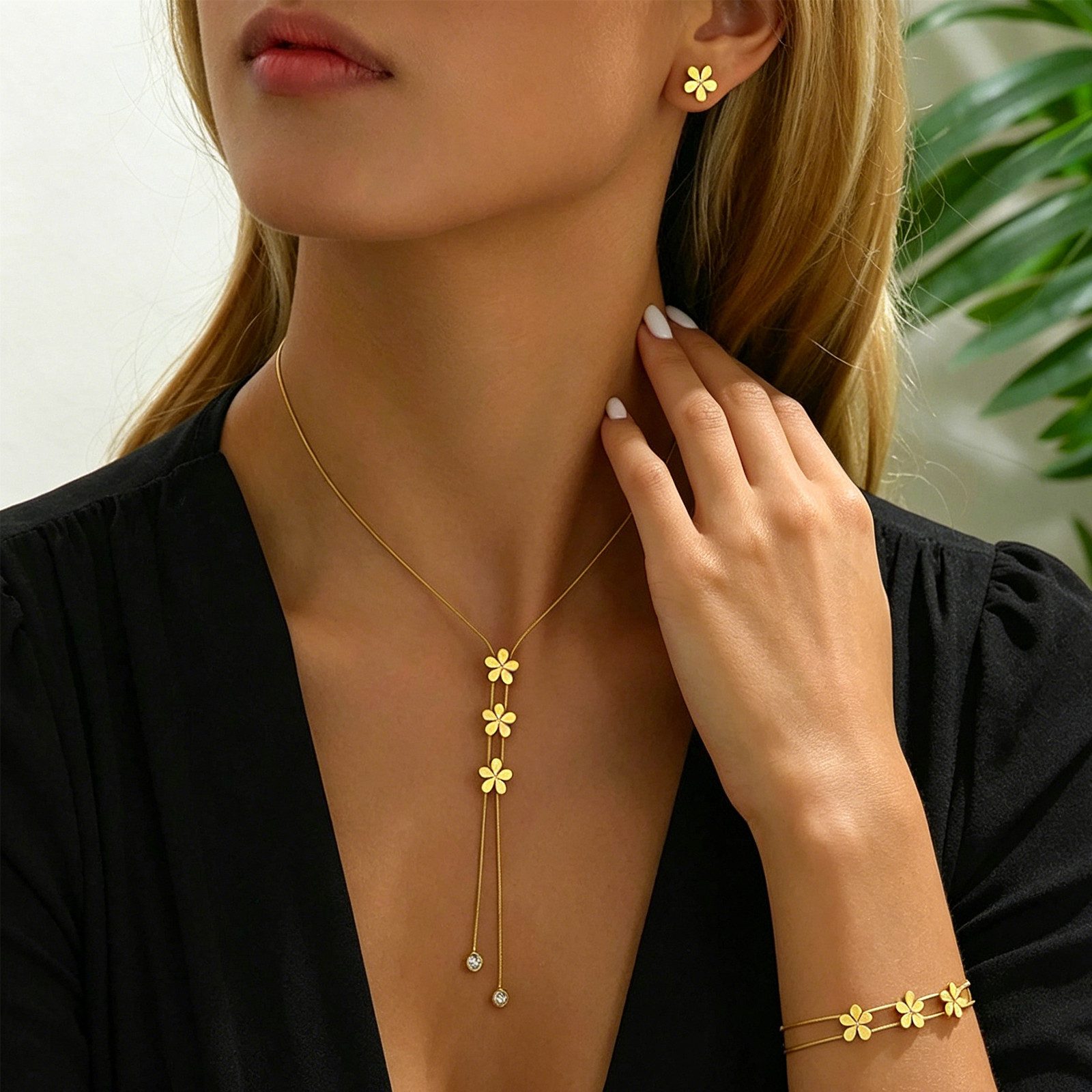 MOPUEA Schmuckset Damen Schmuckset Blumen Halskette Armband Ohrringe Goldfarben (Schmuckset, Halskette, Armband und Ohrringe im Blumen-Design), leicht, elegant, – Bild 4 von 5