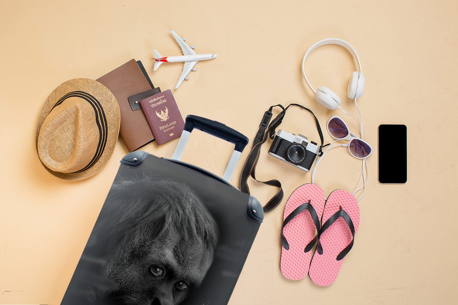 Handgepäck 4 Nahaufnahme Reisetasche rollen, MuchoWow Handgepäckkoffer Affen weiß, - Trolley, für mit schwarz im Ferien, Dschungel eines und Reisekoffer Rollen,