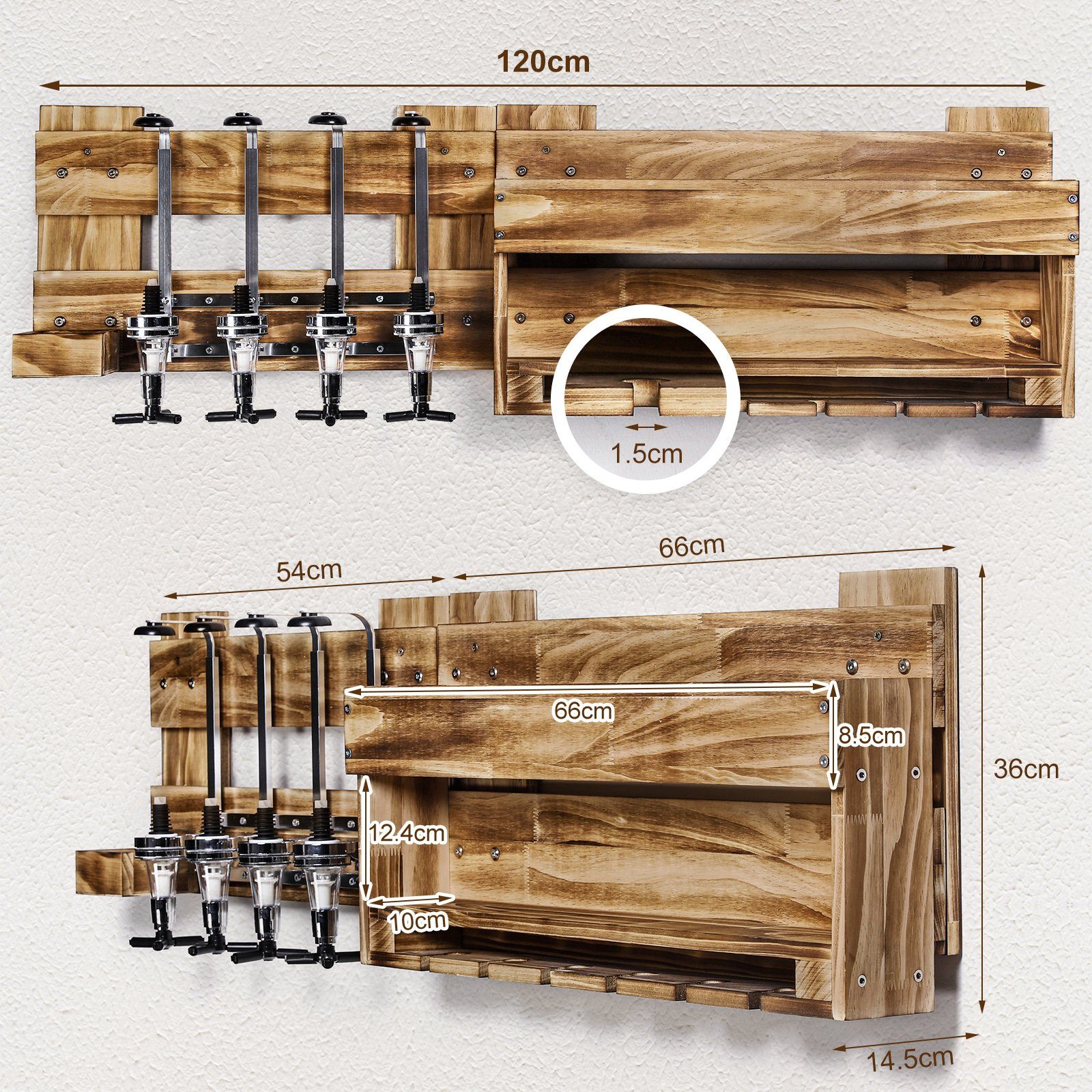Yorbay Weinregal aus Holz, Wandbar mit 4 Getränkespender Wandmontage, Die linke Seite des Regals ist mit vier Getränkespendern – Bild 4 von 5