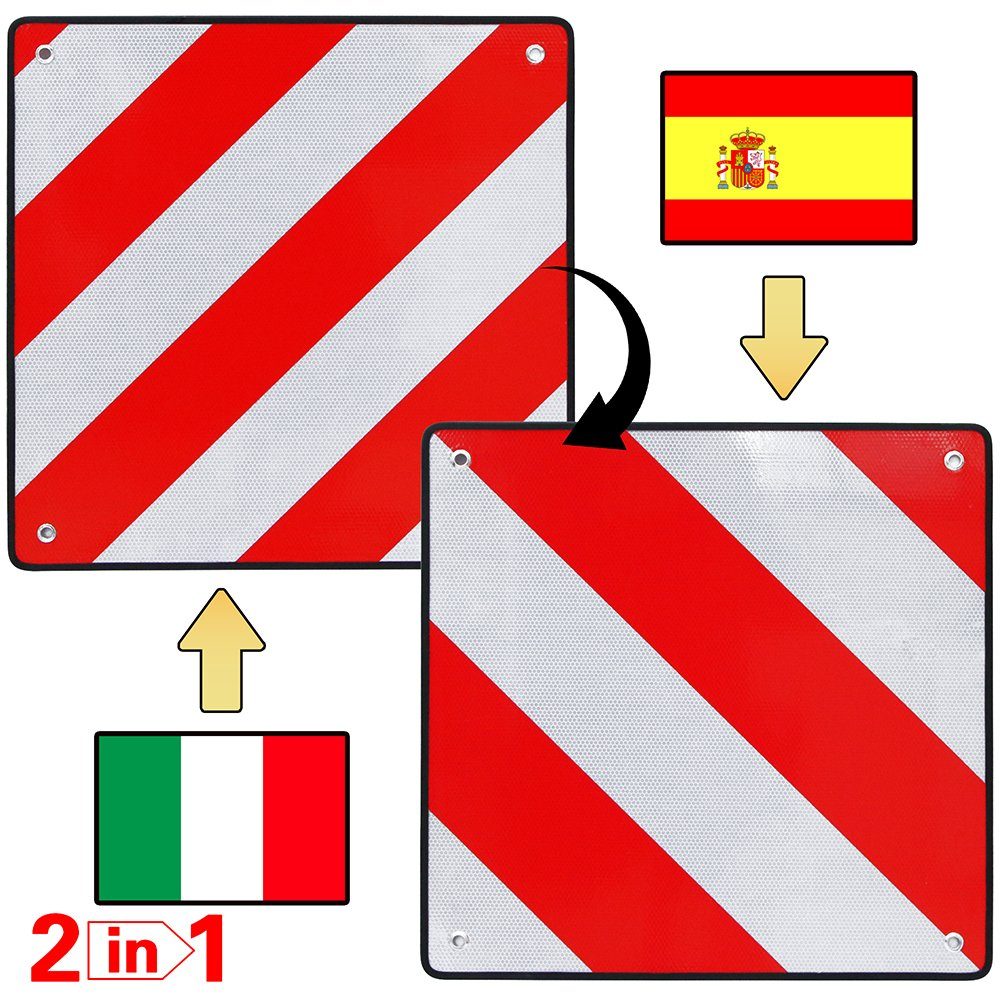Melko Verkehrsschild Warntafel 2in1 Spanien & Italien Aluminium 500mm Rot Weiß Heckträger, (Set), Reflektionsbeschichtung