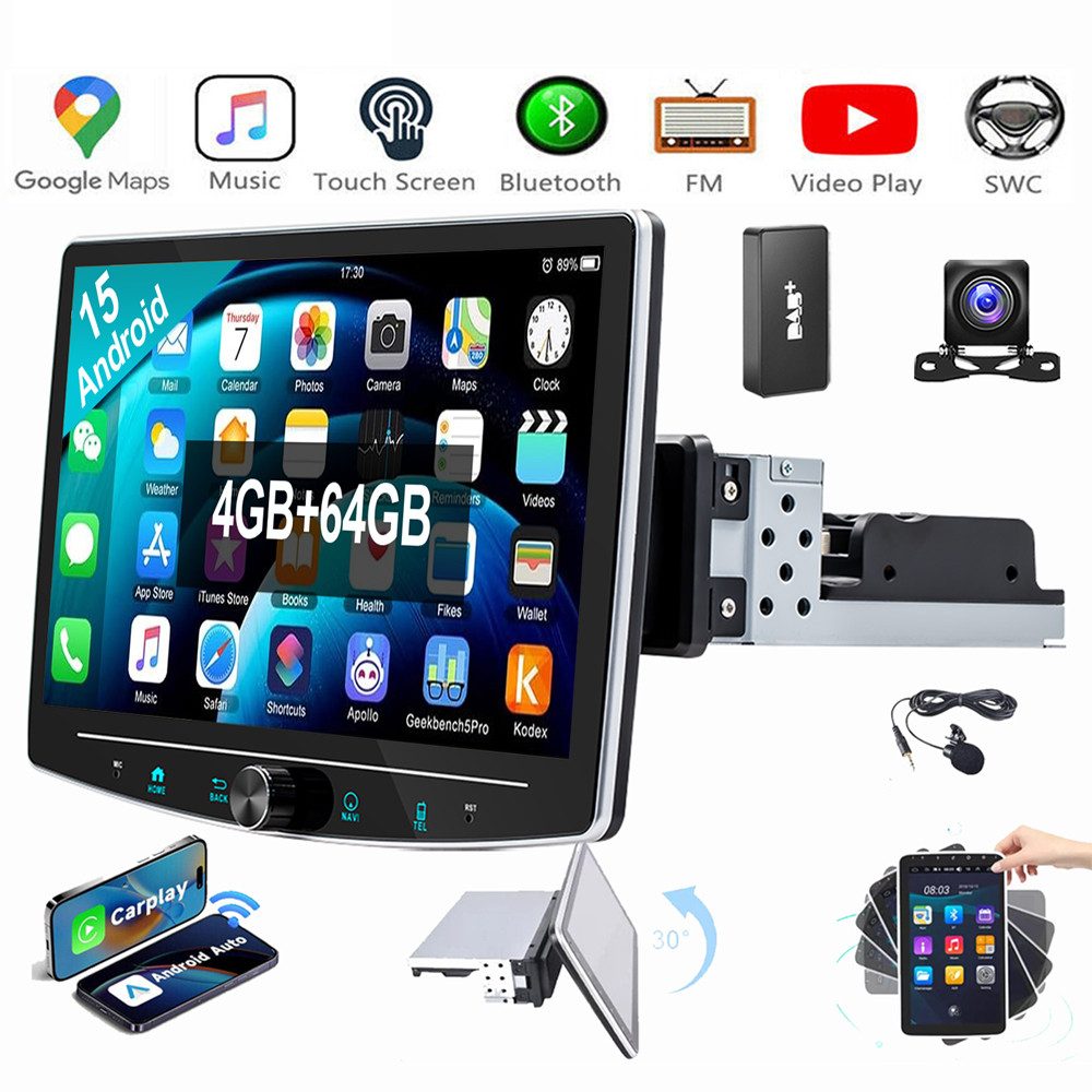 ESSGOO 4+64G Android 15 Autoradio 1 DIN 360° Drehbar Bildschirm Carplay Autoradio (10,1, Digitalradio (DAB), RDS, SWC, BT, NAVI)