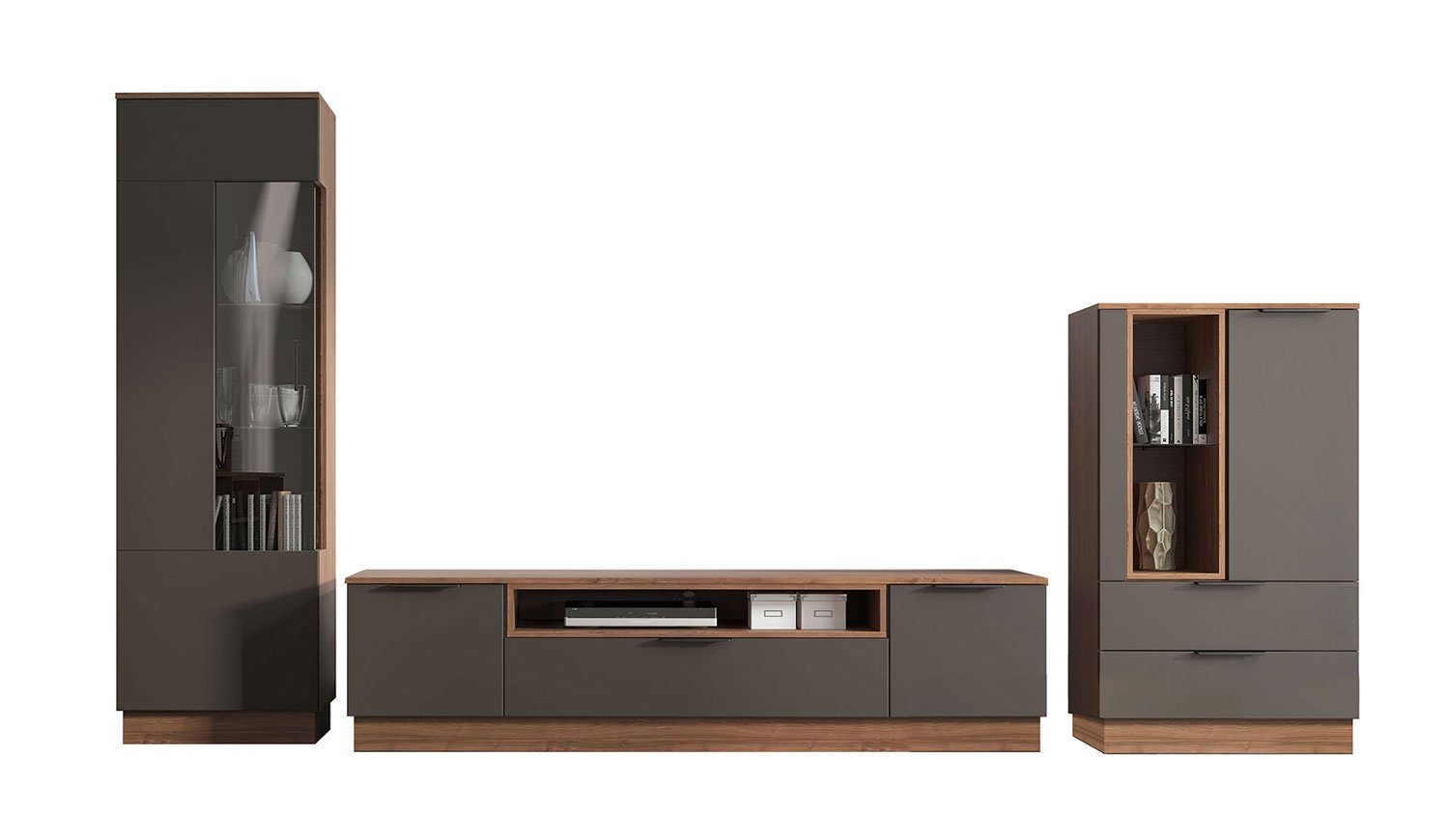Feldmann-Wohnen Wohnwand Alicante, (Türen mit Soft-Close Funktion, Schubladen mit Teilauszug, 1x Standvitrine, 1x Lowboard, 1x Highboard), 336cm walnussfarben / schwarzgrau 3-teilig
