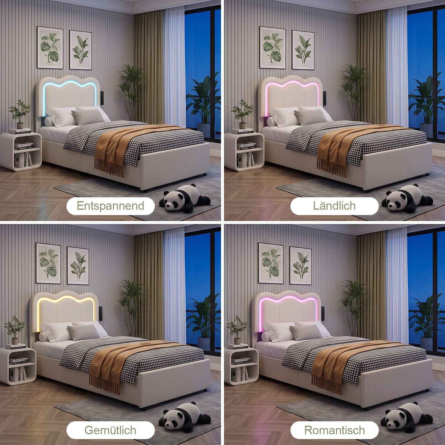 oyajia Polsterbett Kinderbett Stauraumbett, Ladestation & LED-Beleuchtung,PU-Kunstleder (Kopfteil hochstellbar, 4 Schubladen), Modernes Jugendbett, Leises Desig – Bild 5 von 5