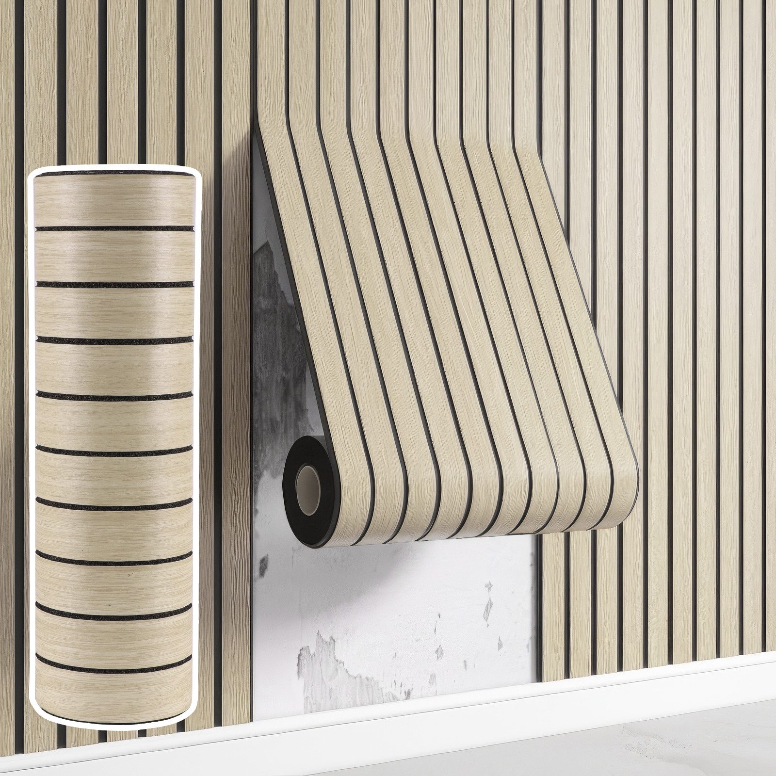 BlingBin Wandpaneel Selbstklebende 3D Wandpaneele, Lamellentapete, Holzlatten-Tapete, BxL: 40x300 cm, 1,2 qm, (3D Wandverkleidung in Rollenform, 1-tlg., 40 x 300 cm, 1,2 m) Ohne Bohren, zuschneidbar, wasserabweisend, für glatte Innenwände