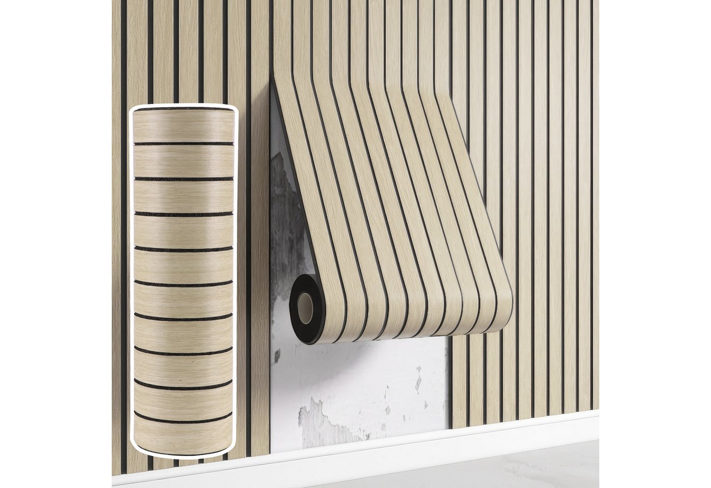 BlingBin Wandpaneel Selbstklebende 3D Wandpaneele, Lamellentapete, Holzlatten-Tapete, BxL: 40x300 cm, 1,2 qm, (3D Wandverkleidung in Rollenform, 1-tlg., 40 x 300 cm, 1,2 m) Ohne Bohren, zuschneidbar, wasserabweisend, für glatte Innenwände
