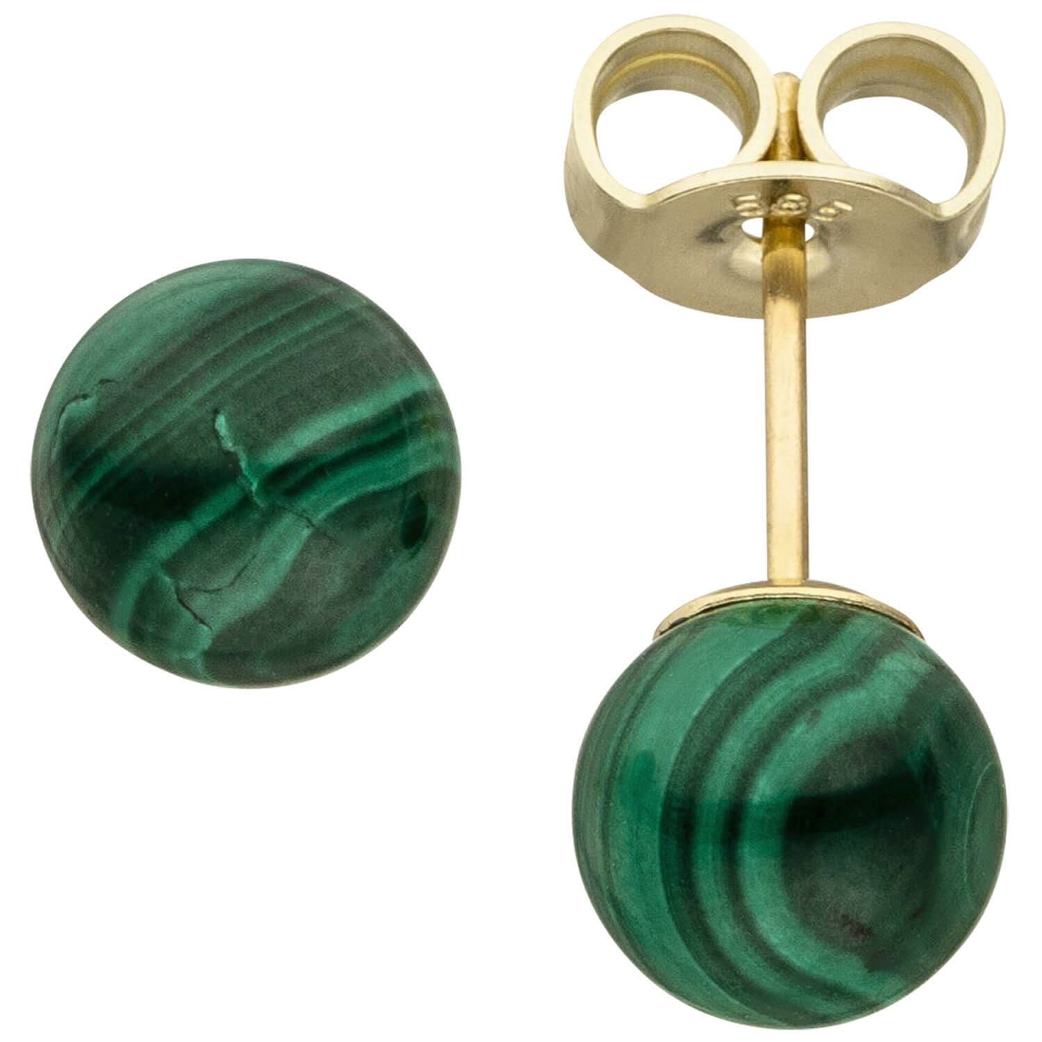 Schmuck Krone Paar Ohrstecker Ohrstecker Ohrringe Kugel aus grünen Malachite 6mm 585 Gold Gelbgold Ohrschmuck, Gold 585