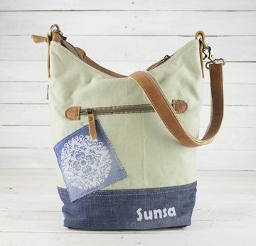 Sunsa Umhängetasche Umhängetasche mit Mandala Motiv Aufdruck. Hobo Tasche aus recycelte Jeans und Beige Canvas. Tasche mit viel Platz., recycelte Materialien