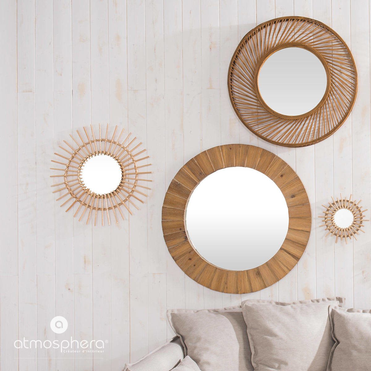 Atmosphera Créateur d'intérieur Wandspiegel Dekospiegel mit Holzrahmen, Tannenholz, Ø 83 cm – Bild 4 von 5