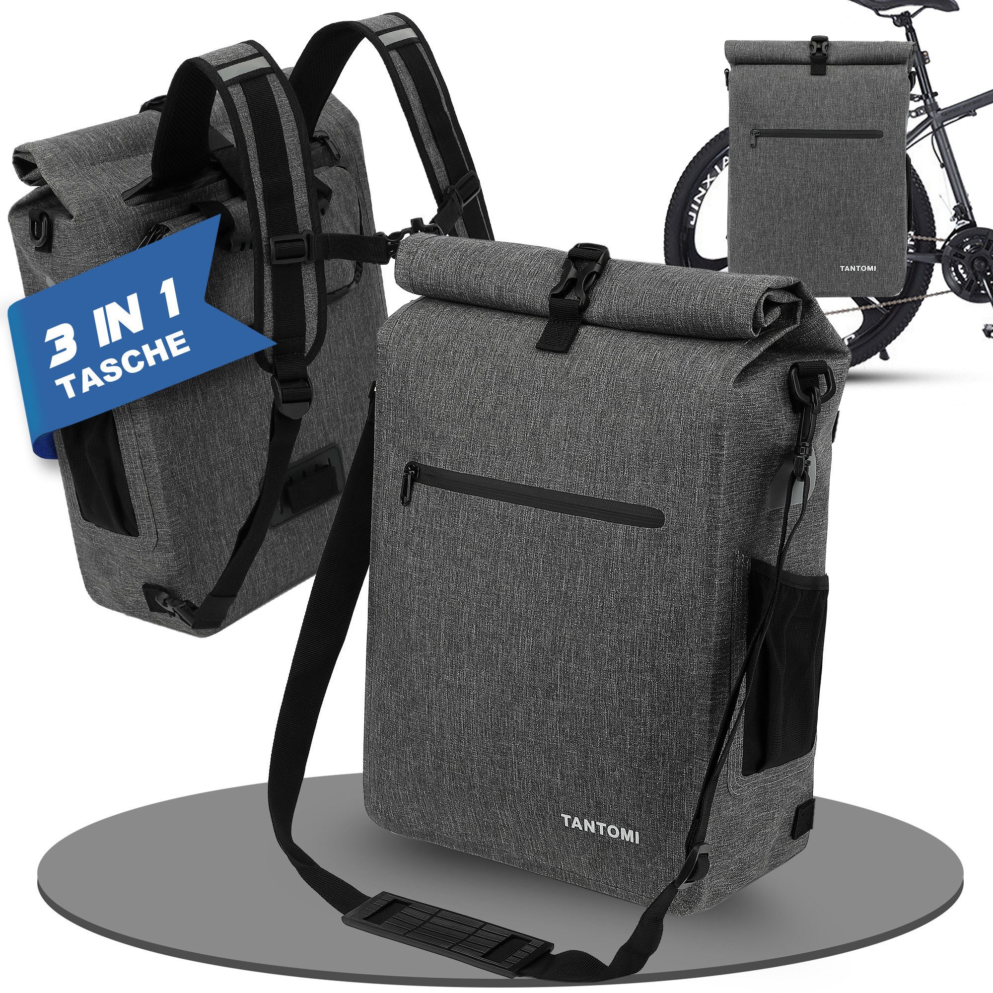 TAN.TOMI Fahrradtasche Wasserdicht 3in1 Fahrradrucksack für Gepäckträger Reflektierend, Mit Reflektorstreifen Sichere Befestigung Laptopfach