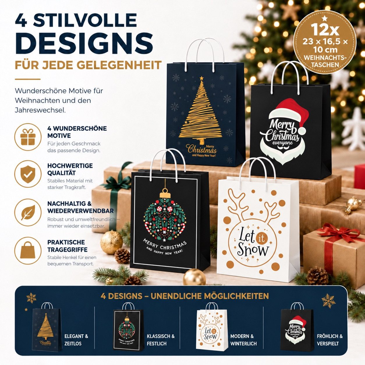 TK Gruppe Aufbewahrungsbox 12 Weihnachts-Geschenktüten aus Papier, 17 × 23 cm, 4 Motive (Packung, 12x Weihnachtstaschen), Mit Geschenkanhänger – Bild 3 von 5