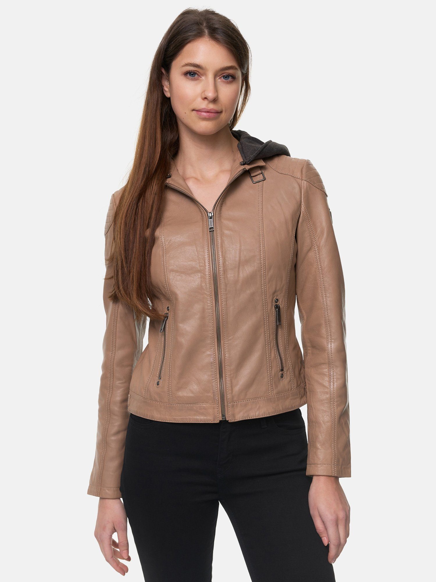 F503 Kapuze Damen abnehmbarer Look Tazzio mit Leder Lederjacke beige Biker im Jacke