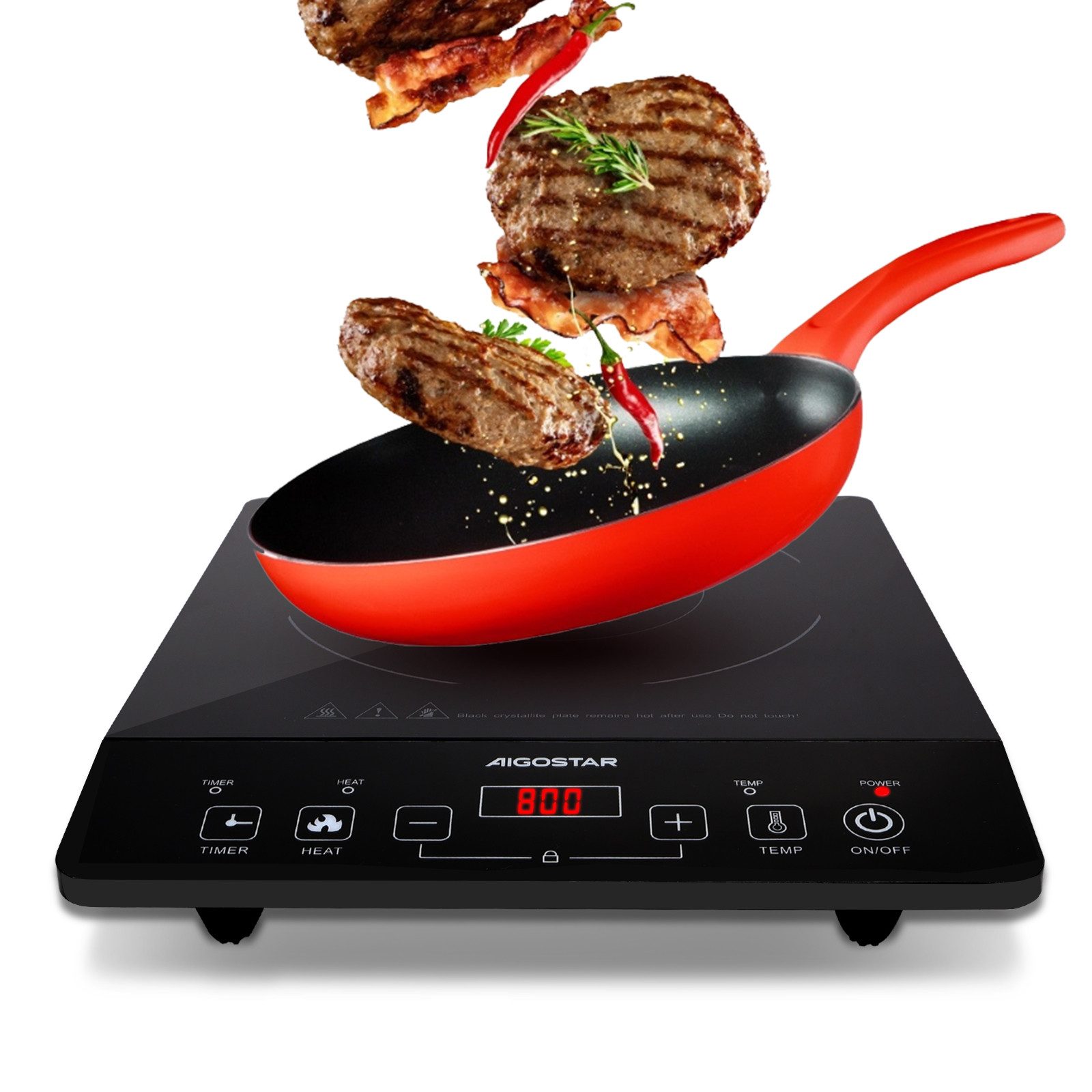 Aigostar Induktionsheizgerät Induktionskochfeld, Induktionskochplatte, 10 Temperatureinstellungen, 2,00 kW, (Induktionsheizgerät), Touch-Steuerung, 10 Leistungsstufen, 3H Timer