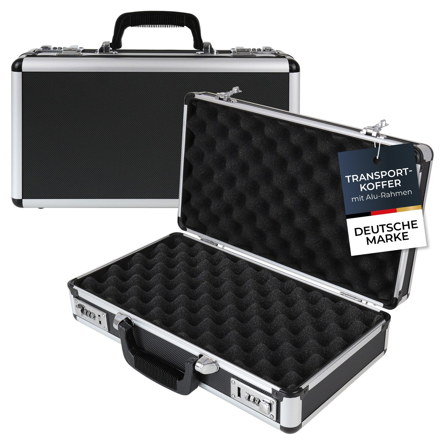 HMF Aufbewahrungsbox Transportkoffer mit zwei 3er Zahlenschlössern und Schnappverschlüssen, Kamerakoffer mit Noppenschaumstoff 42 x 26 x 12 cm