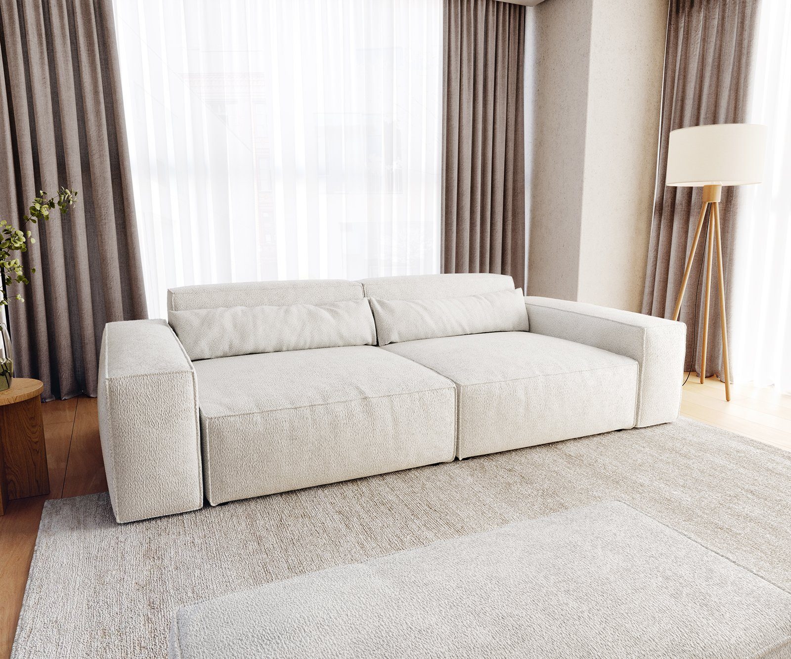 DELIFE Big-Sofa Sirpio, XL Bouclé Creme-Weiß 270x130 cm mit Hocker