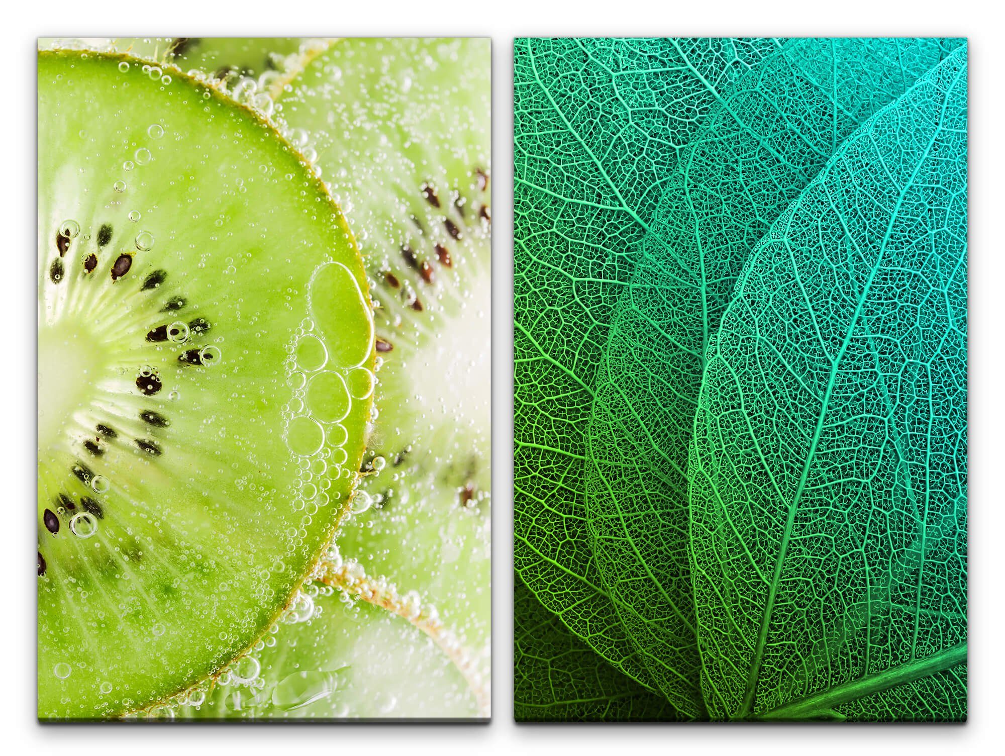 Sinus Art Leinwandbild 2 Bilder je 60x90cm Kiwi Wasser Blattgrün Blattstruktur Frisch Küche Makrofotografie