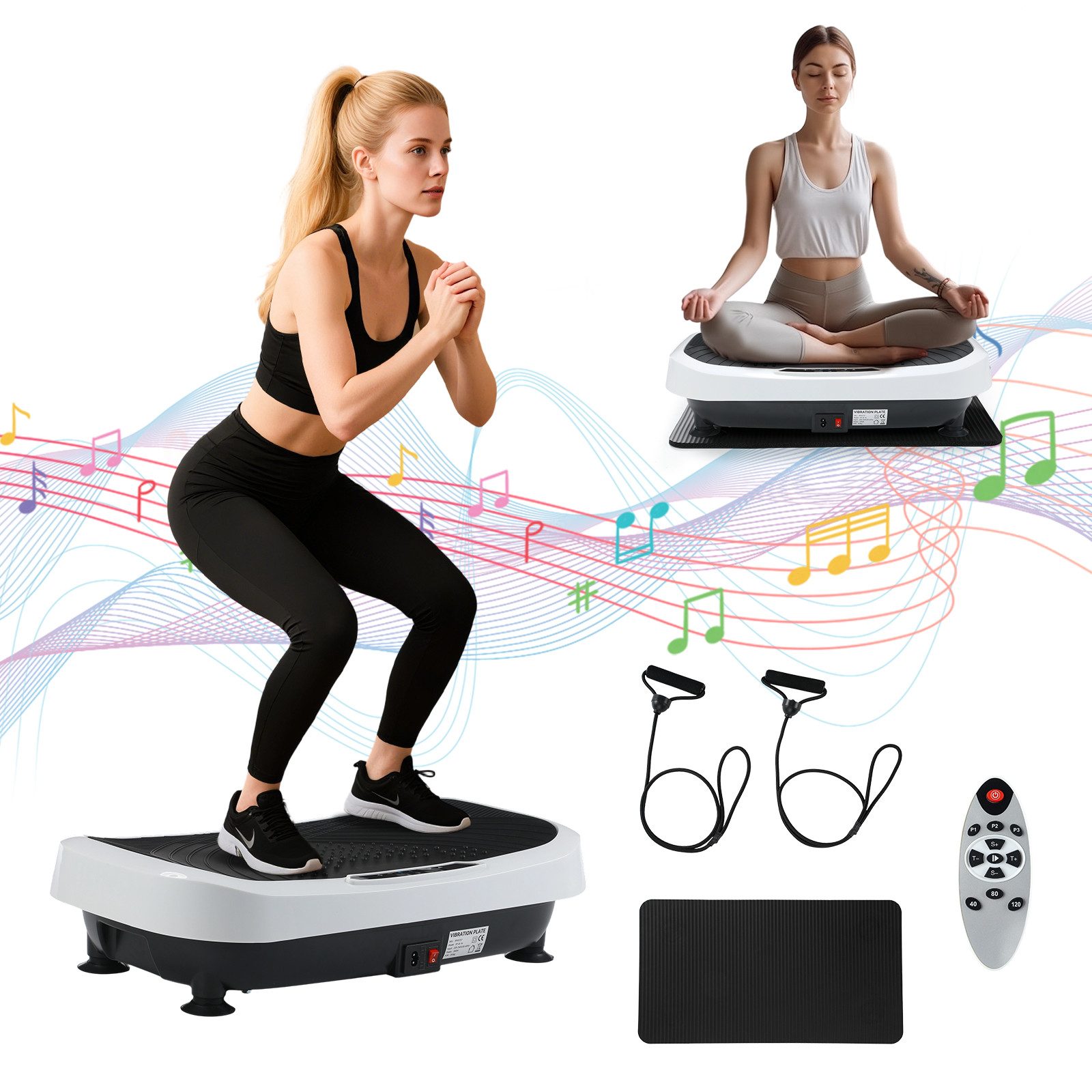 oyajia Vibrationsplatte Multifunktionaler Vibrationsplatte mit Bluetooth-Musik,3 Programmen, 200 W, 120 Intensitätsstufen, Rüttelplatte Sport für zuhause mit Yogamatte, 2 Widerstandsbändern
