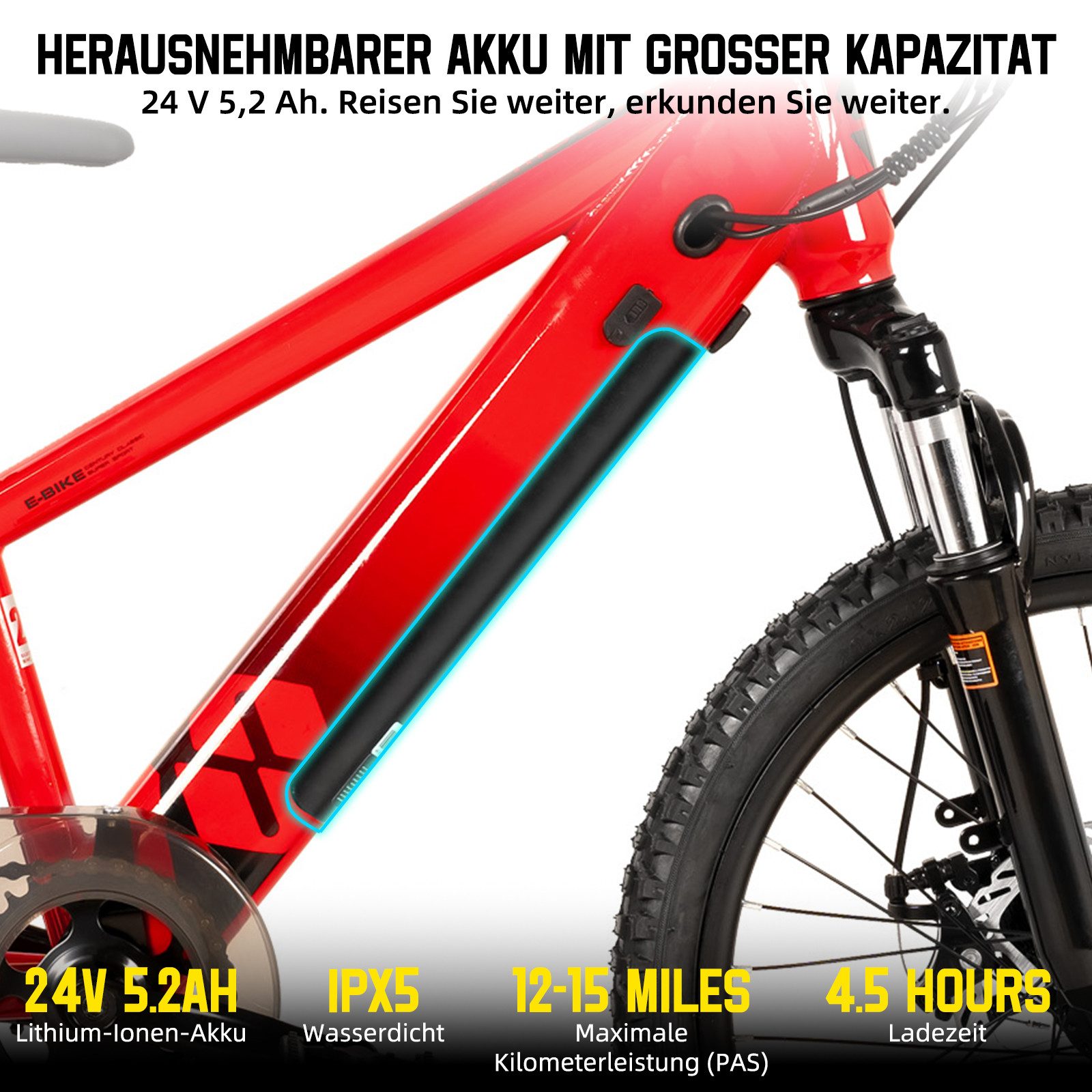 HILAND E-Bike 20 Zoll E-Mountainbike 24V 250W, Akku entnehmbar, Kinder & Erwachsene, Heckmotor, 124,8 Wh