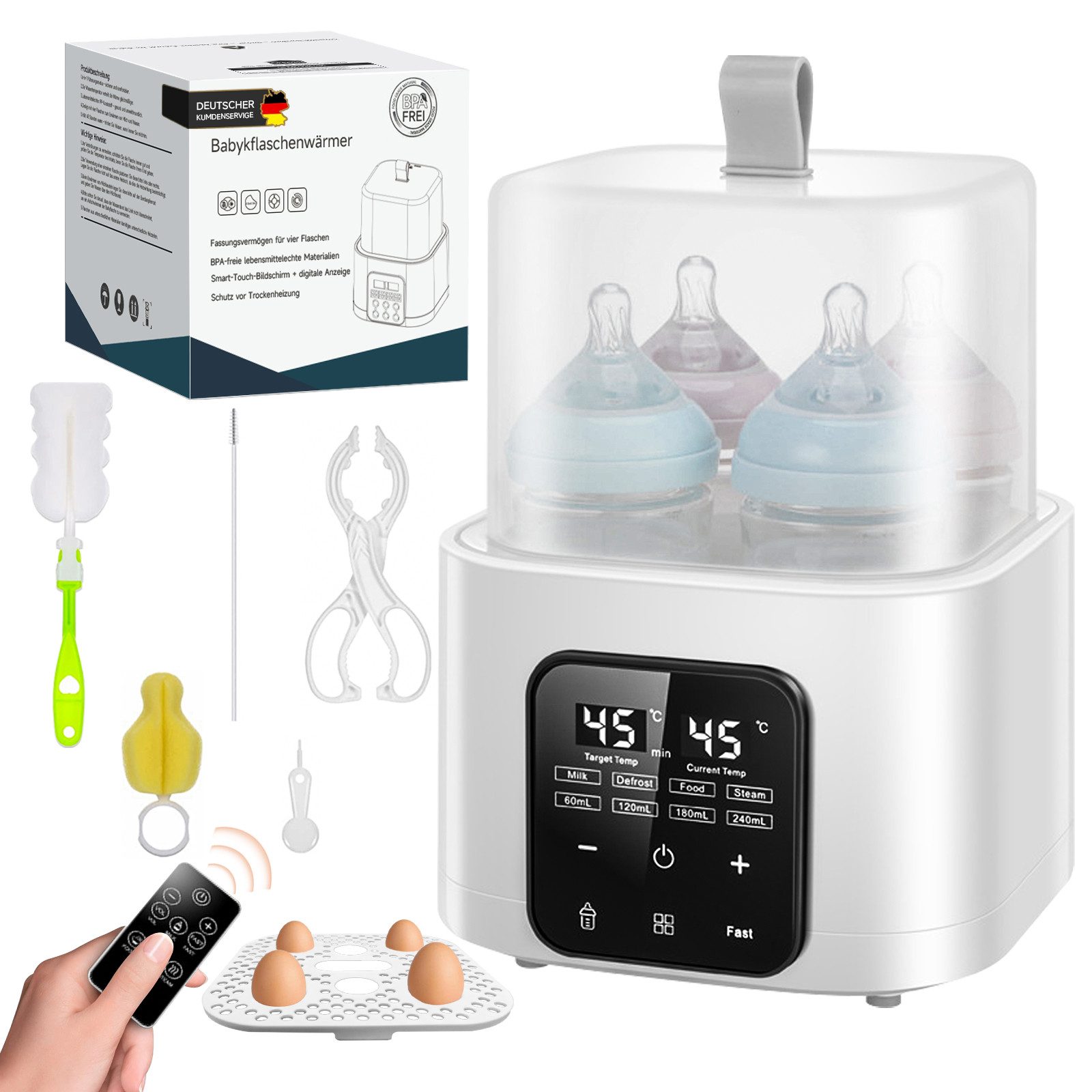 FOSMET Babyflaschenwärmer 2026 Modell 9-in-1 Babyflaschenwärmer Sterilisator 4 Flaschen BPA-frei, 60-240ml Flaschen, 100 °C Dampfst­erilisation, Fernbedienung