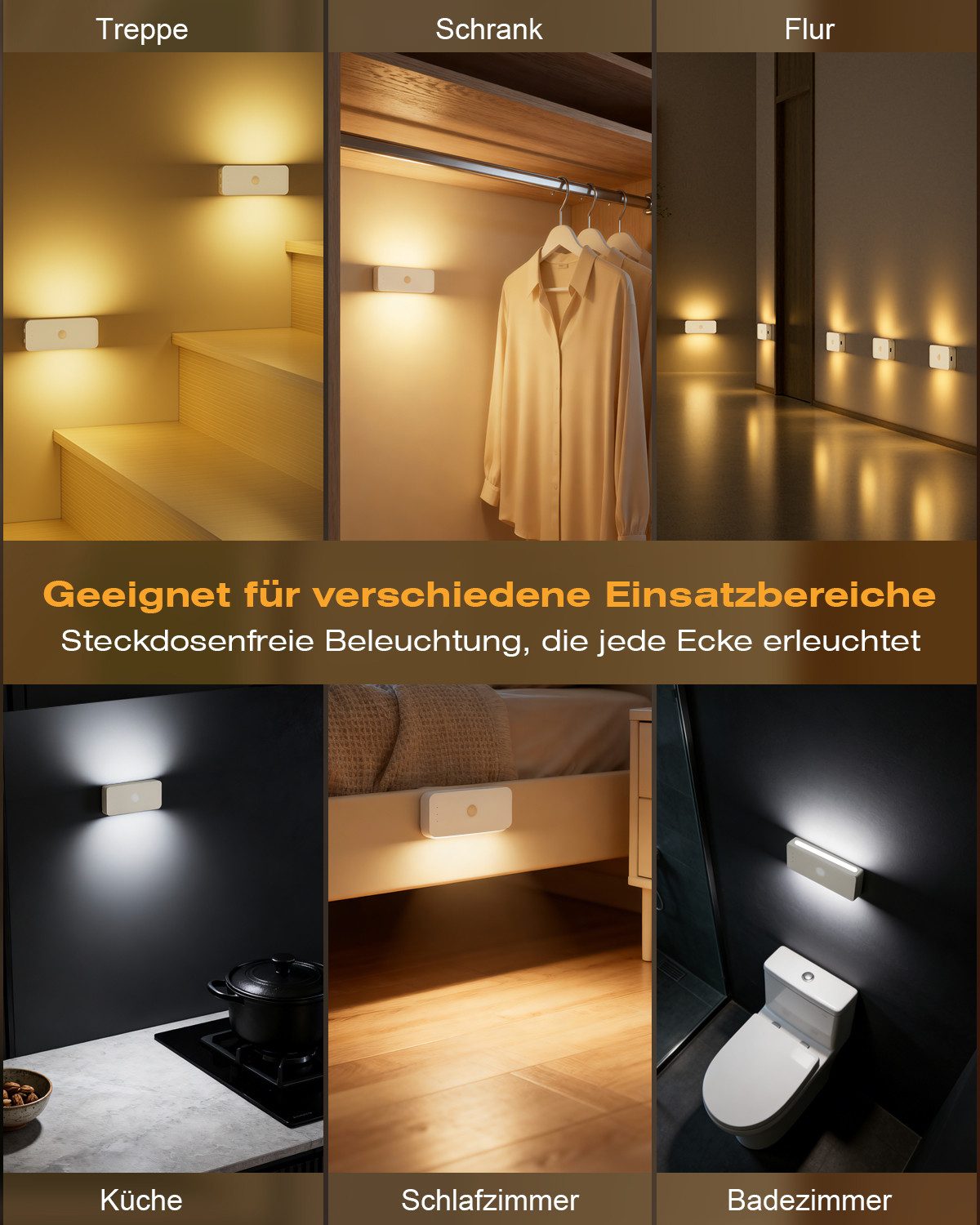 skelo LED Nachtlicht Nachtlicht Mit Bewegungsmelder, Aufladbar Treppenlicht Innen, 3 Modi, Auto/ON/OFF, LED fest integriert, Warmweiß (3000K), Neutralweiß (4500K) und Kaltweiß (6000K), 3 Farbtemperaturen, dimmbare Treppenbeleuchtung für Küche & Flur