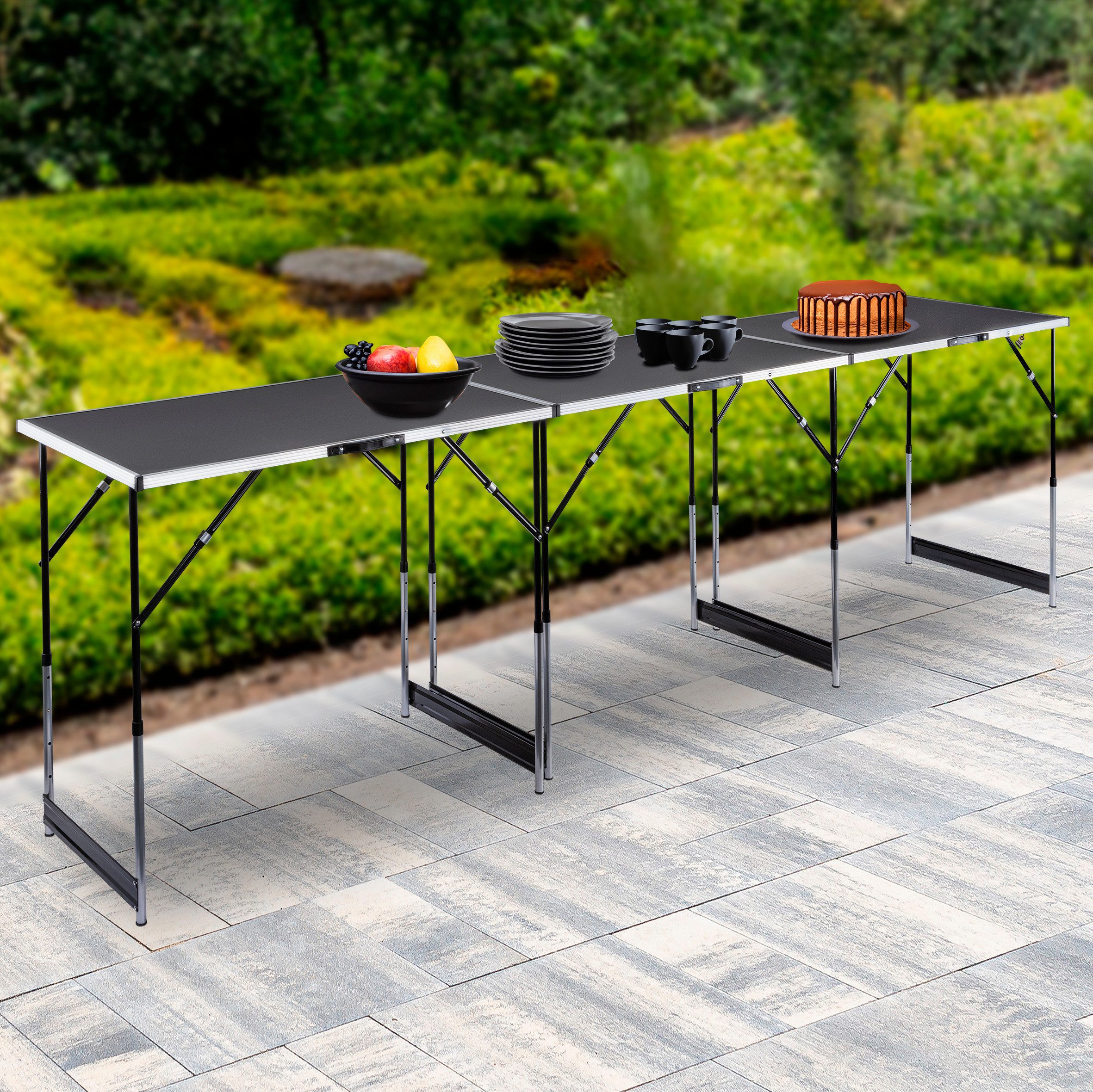Haushalt International Klapptisch Campingtisch Arbeitstisch 100x60x94cm 3er Set (Set, 3-St., Packung), Höhenverstellbar, MDF, Aluminium Rahmen, Schwarz / Silber