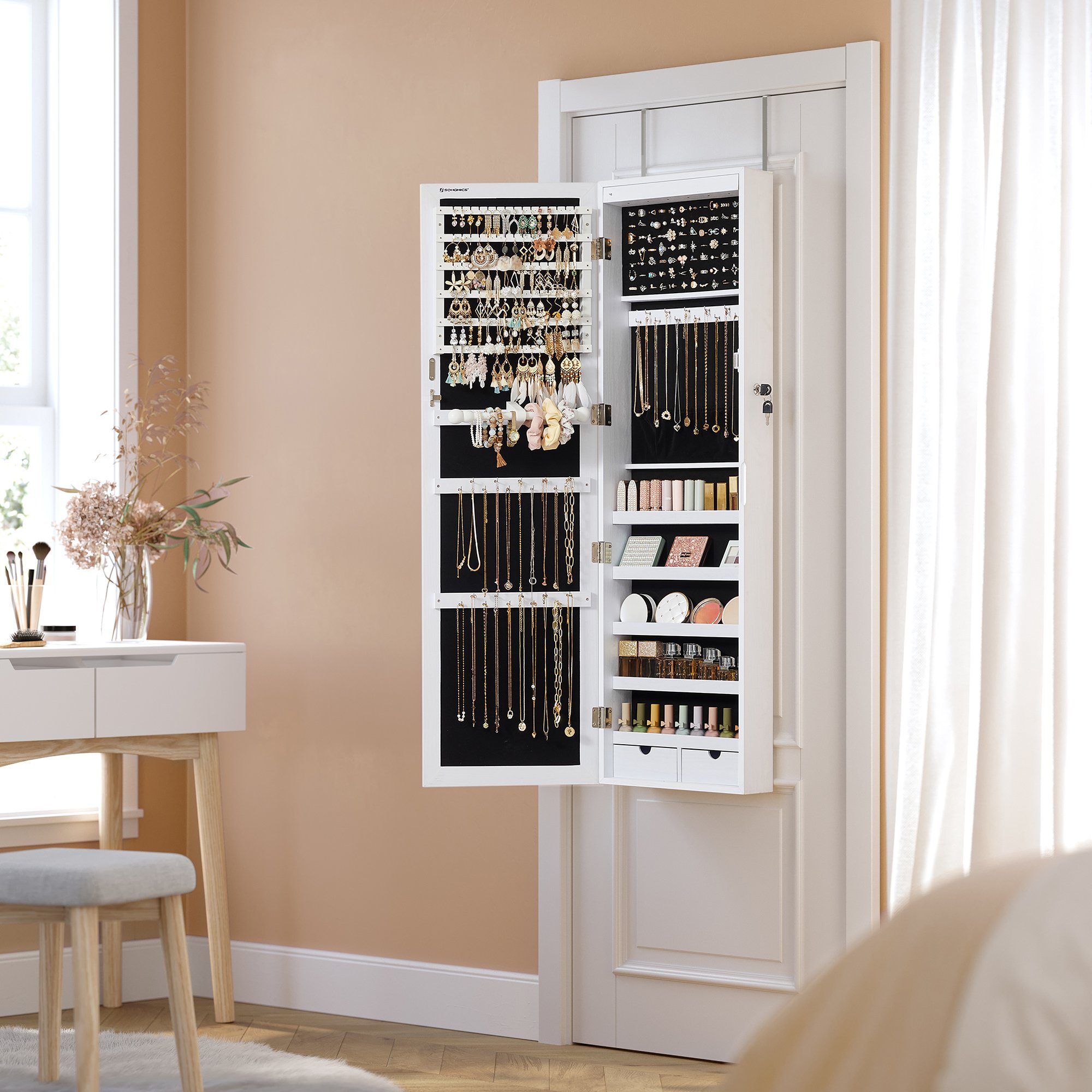 SONGMICS Schmuckschrank Spiegelschrank Wandspiegel Schmuck-Organizer mit LED Beleuchtung and Spiegel, abschließbarer