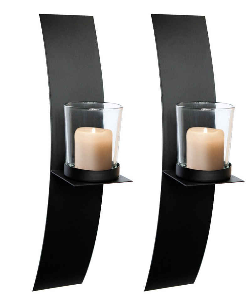 Linder Exclusiv GmbH Wandkerzenhalter (Set, 2-er Set), Metall schwarz lackiert 2 Gläser Höhe 29cm