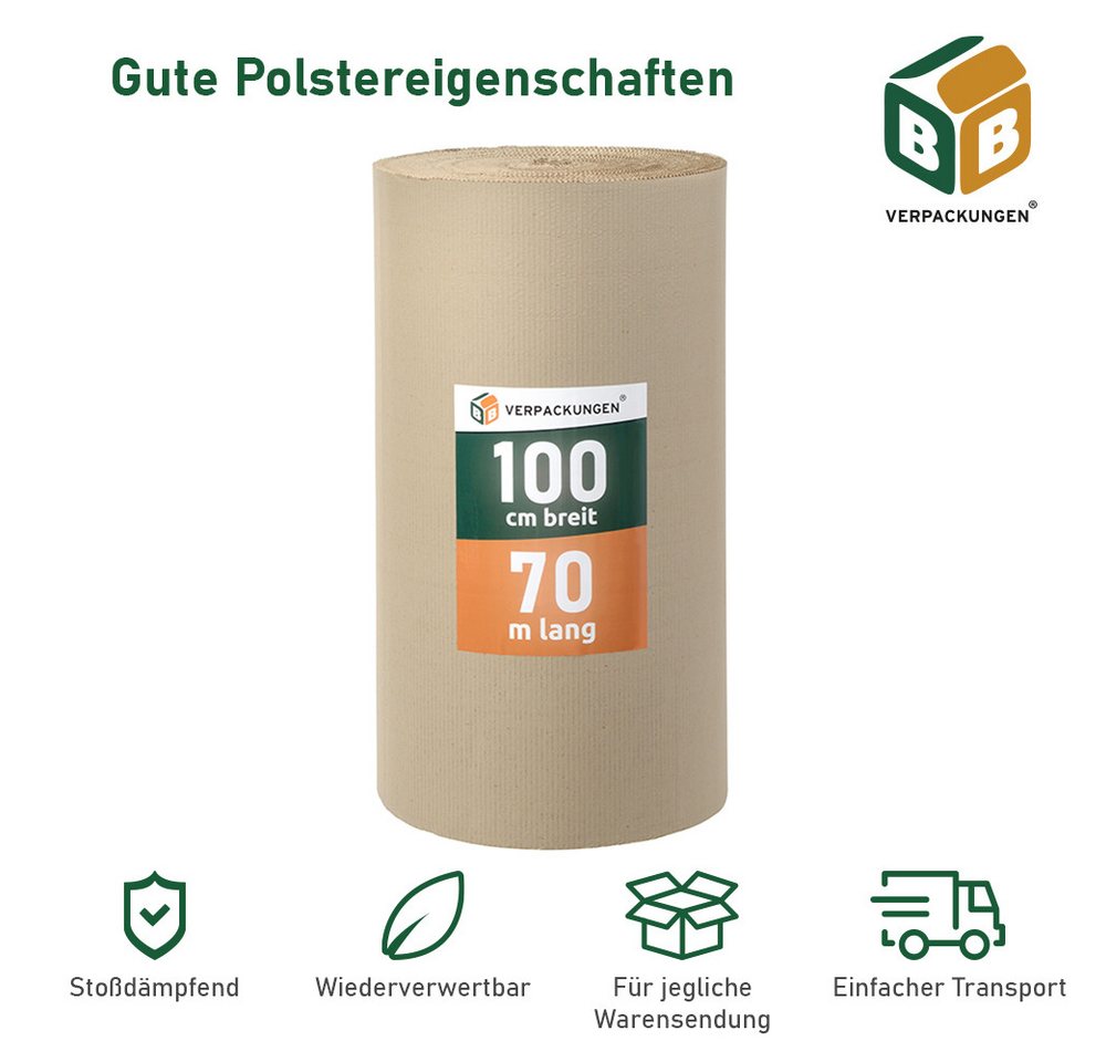 Thumbnail - BB-Verpackungen Papierkarton Rollenwellpappe 70 m², Braun, 1 m x 70 m, 75 g/m²