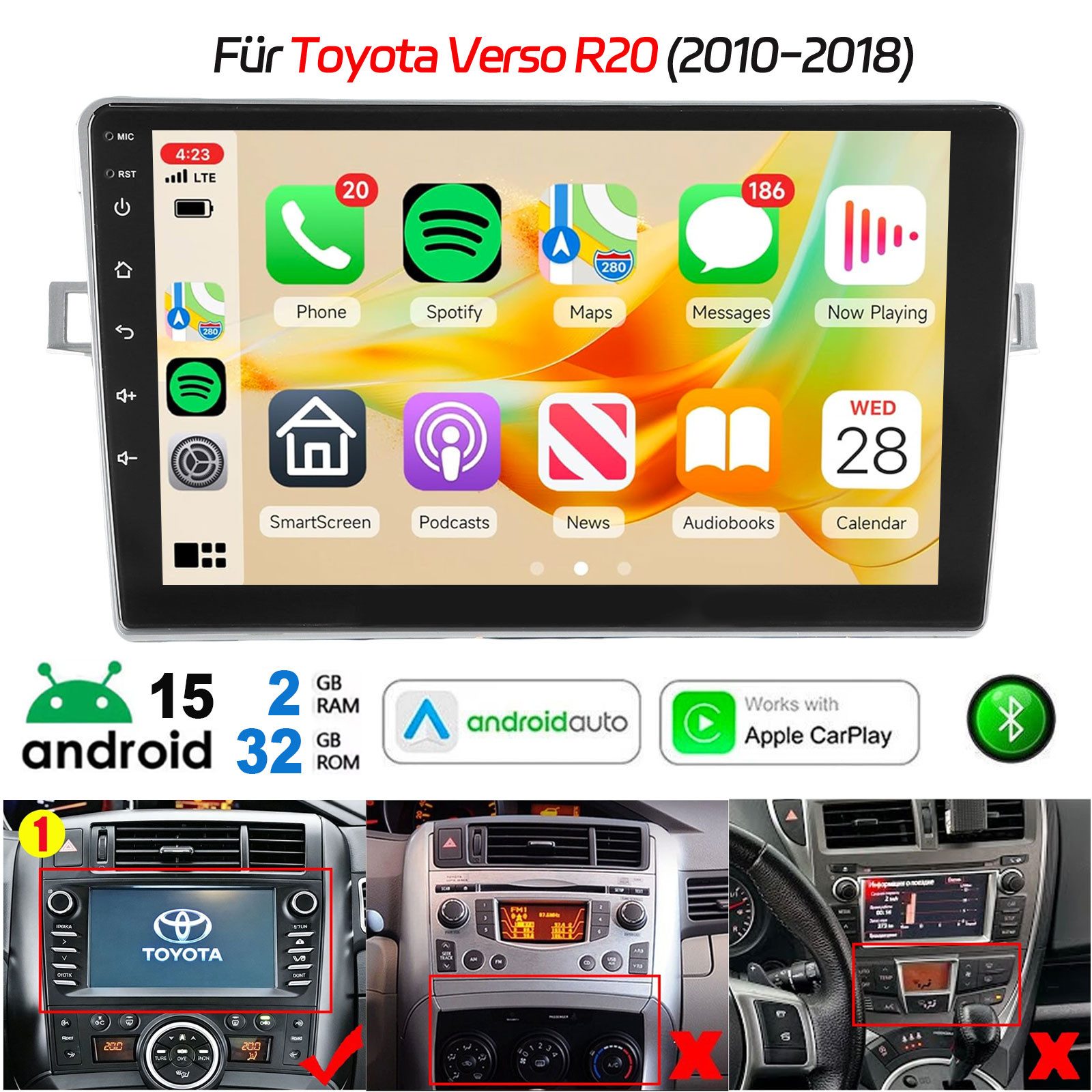 ESSGOO Android 15 Autoradio CarPlay GPS 4+64G Für Toyota Verso R20 2010-2018 Autoradio (DAB (optional), DAB+ (optional), 4+64GB(optional), RDS, AM, FM, Carplay Android Auto Bluetooth EQ USB GPS Navi WIFI Touchscreen)