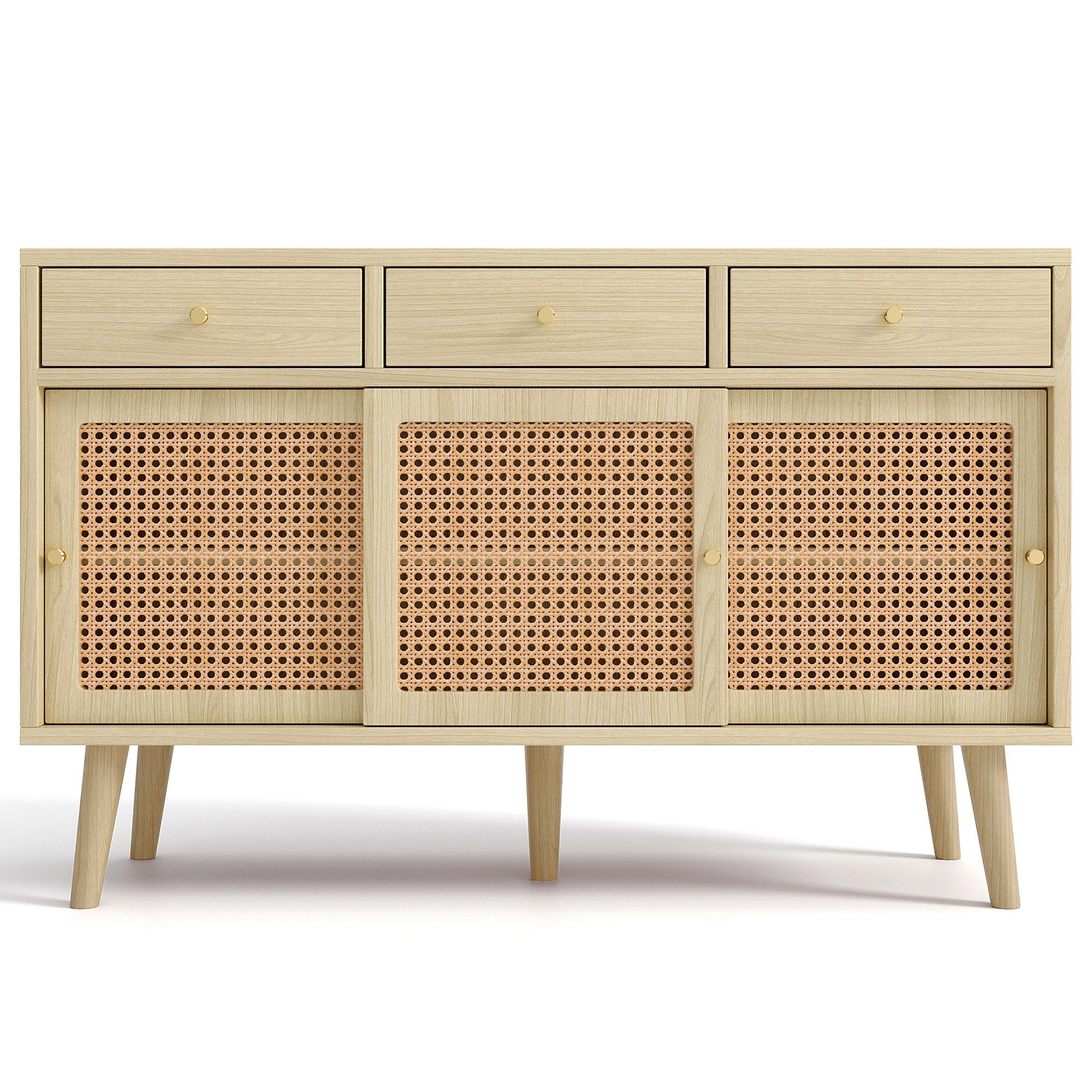 Flieks Kommode mit 3 Schubladen und Schiebetüren aus Rattangeflech (mit verstellbaren Einlegeböden, 1 St., 120x40x78 cm), Mehrzweckschrank Sideboard Eichenfarbe – Bild 5 von 5