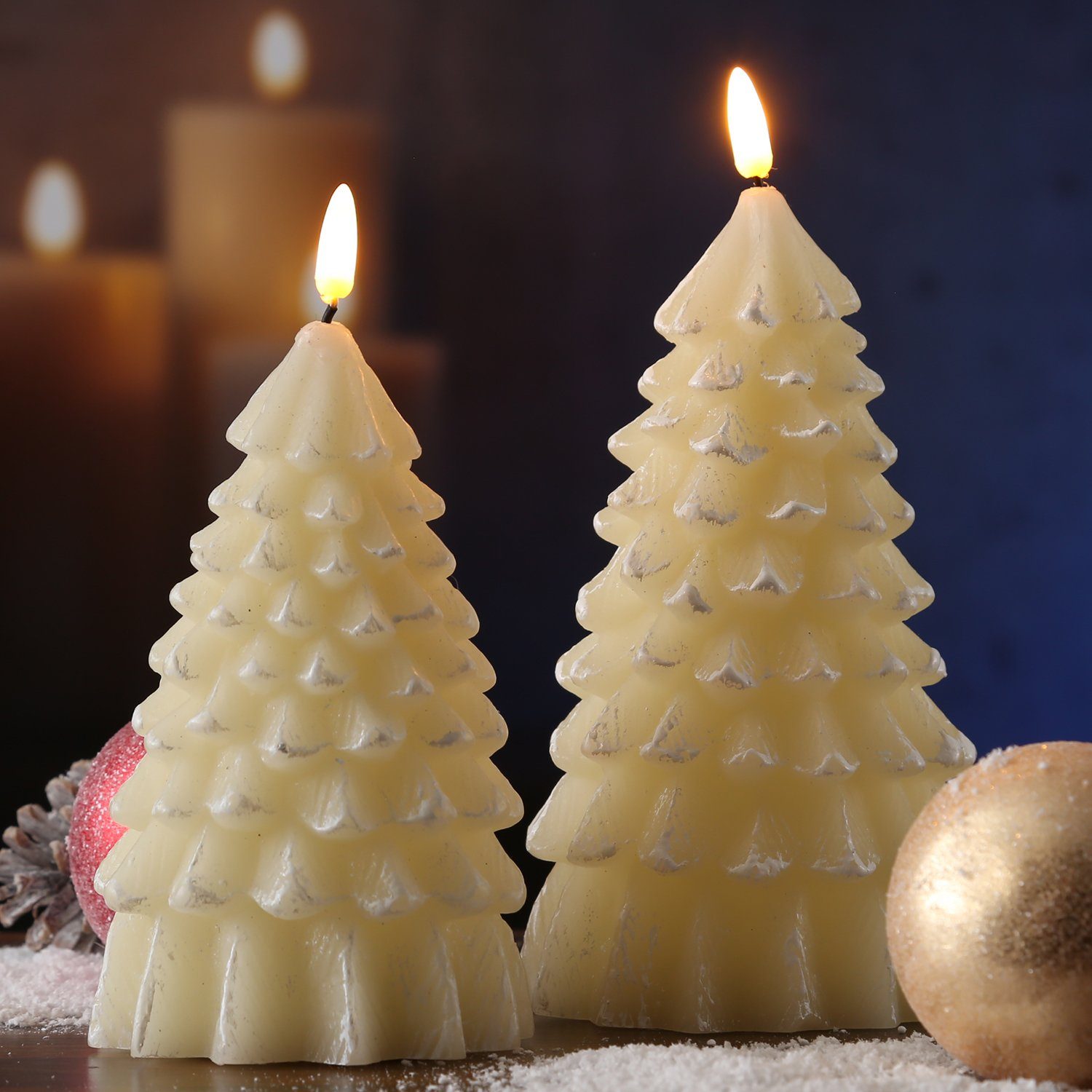 MARELIDA LEDKerze Tannenbaum Baumform Weihnachtsbaum Echtwachs Timer creme 2 Stück (2tlg)