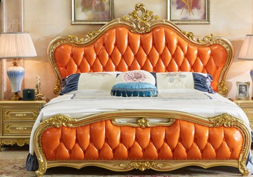 JVmoebel Bettgestell JVMoebel Komfortdoppelbett aus massivem Holz in Orange mit Lederbezug (1-tlg)